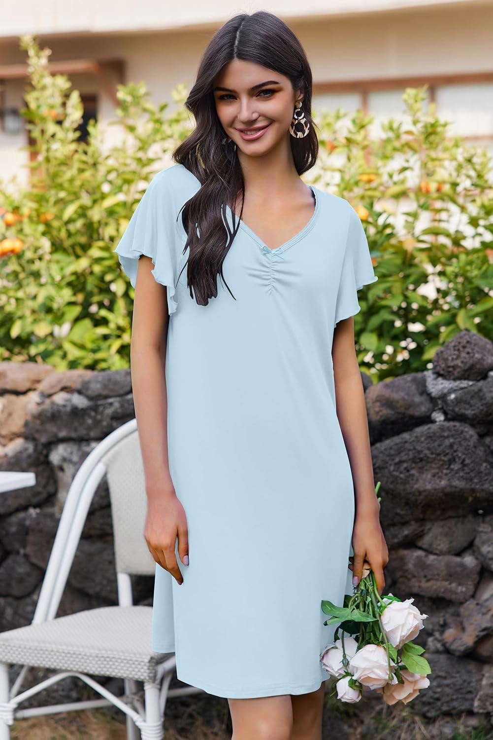 imageEkouaer Nightgowns for Women Short Sleeve Night Gown Comfy Sleep Shirt Soft Sleep Dress Pleated SleepwearLight Blue