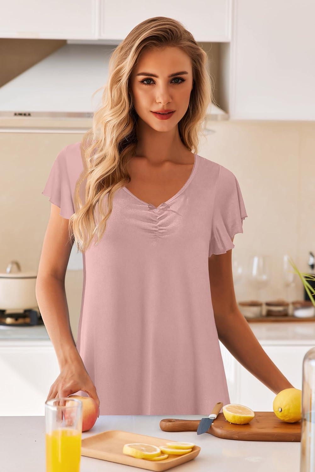 imageEkouaer Nightgowns for Women Short Sleeve Night Gown Comfy Sleep Shirt Soft Sleep Dress Pleated SleepwearPink