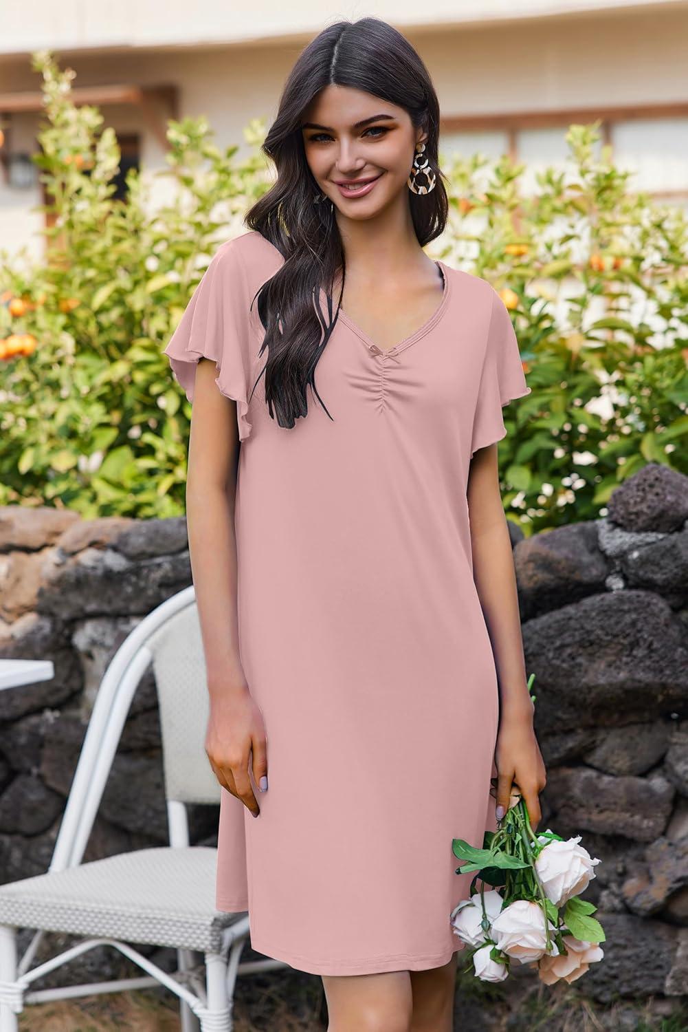 imageEkouaer Nightgowns for Women Short Sleeve Night Gown Comfy Sleep Shirt Soft Sleep Dress Pleated SleepwearPink