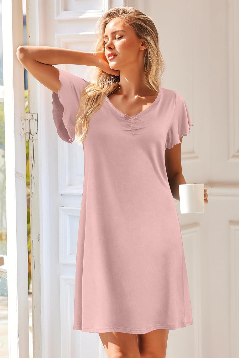 imageEkouaer Nightgowns for Women Short Sleeve Night Gown Comfy Sleep Shirt Soft Sleep Dress Pleated SleepwearPink