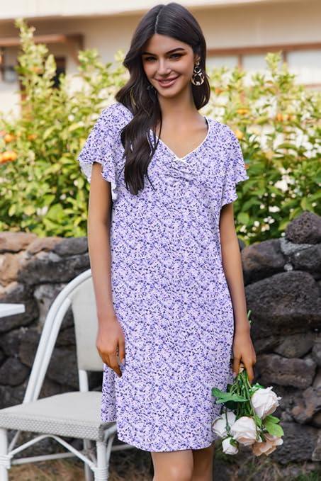 imageEkouaer Nightgowns for Women Short Sleeve Night Gown Comfy Sleep Shirt Soft Sleep Dress Pleated SleepwearPurple Polka Dots