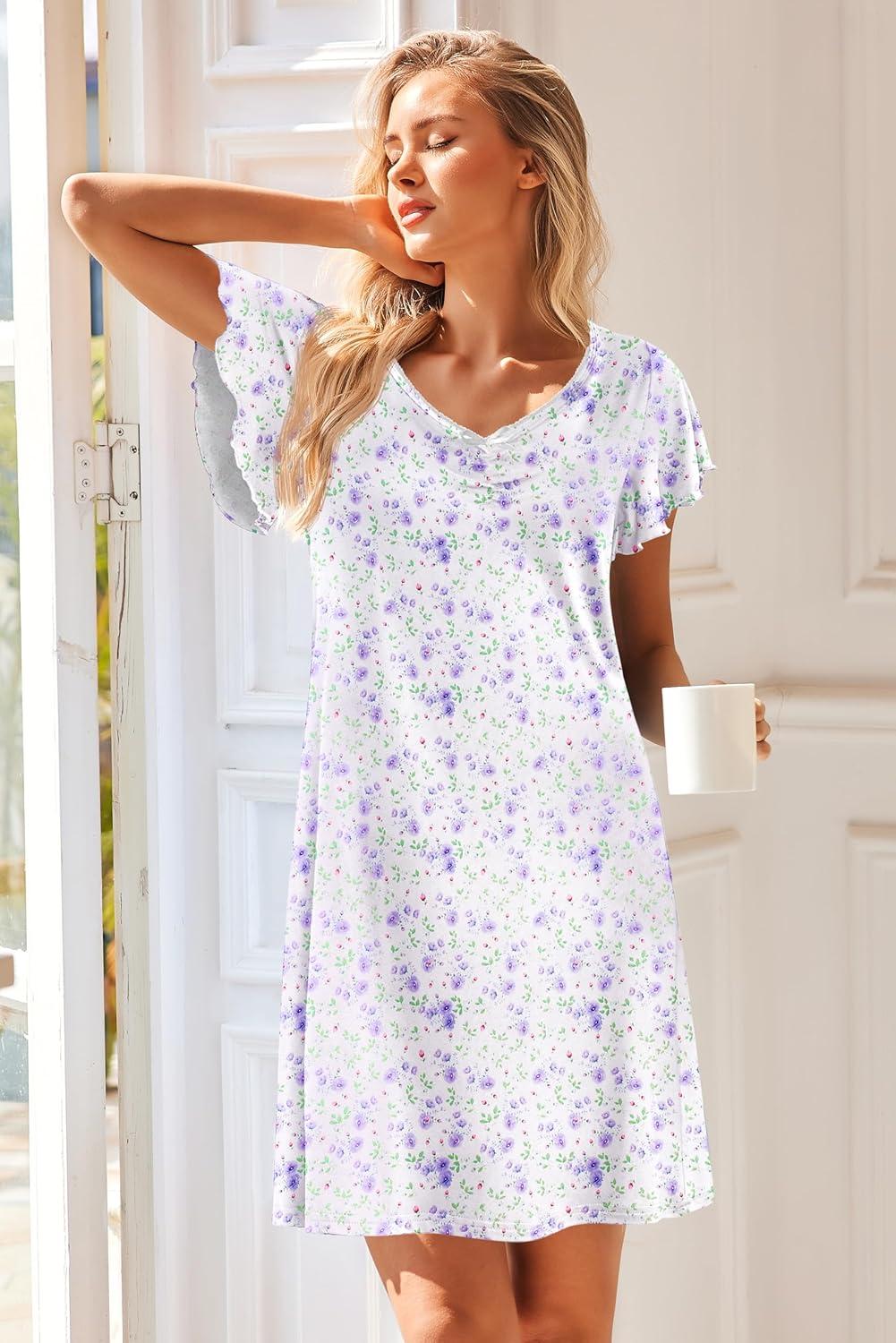 imageEkouaer Nightgowns for Women Short Sleeve Night Gown Comfy Sleep Shirt Soft Sleep Dress Pleated SleepwearWhite Flowers