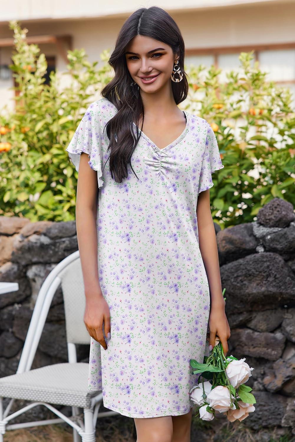 imageEkouaer Nightgowns for Women Short Sleeve Night Gown Comfy Sleep Shirt Soft Sleep Dress Pleated SleepwearWhite Flowers