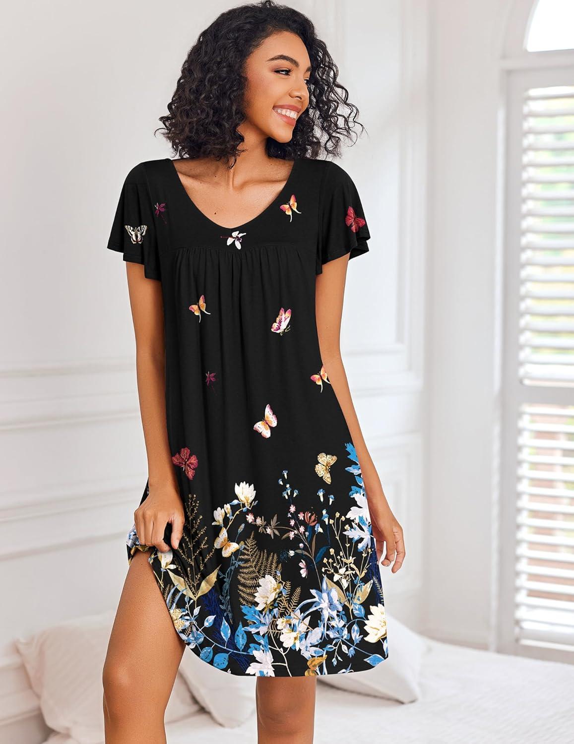 imageEkouaer Nightgowns for Women Short Sleeve Sleep Shirts Pleated Night Dress V Neck Night Shirts Soft House DressBlack Butterfly