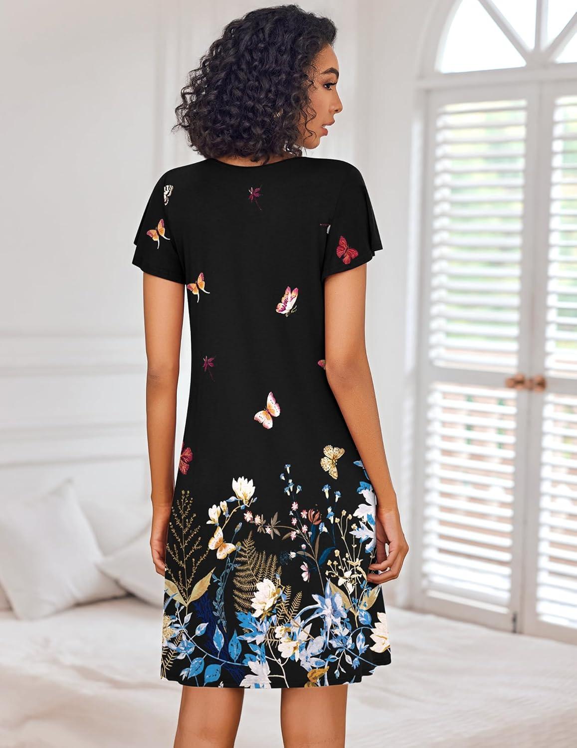 imageEkouaer Nightgowns for Women Short Sleeve Sleep Shirts Pleated Night Dress V Neck Night Shirts Soft House DressBlack Butterfly