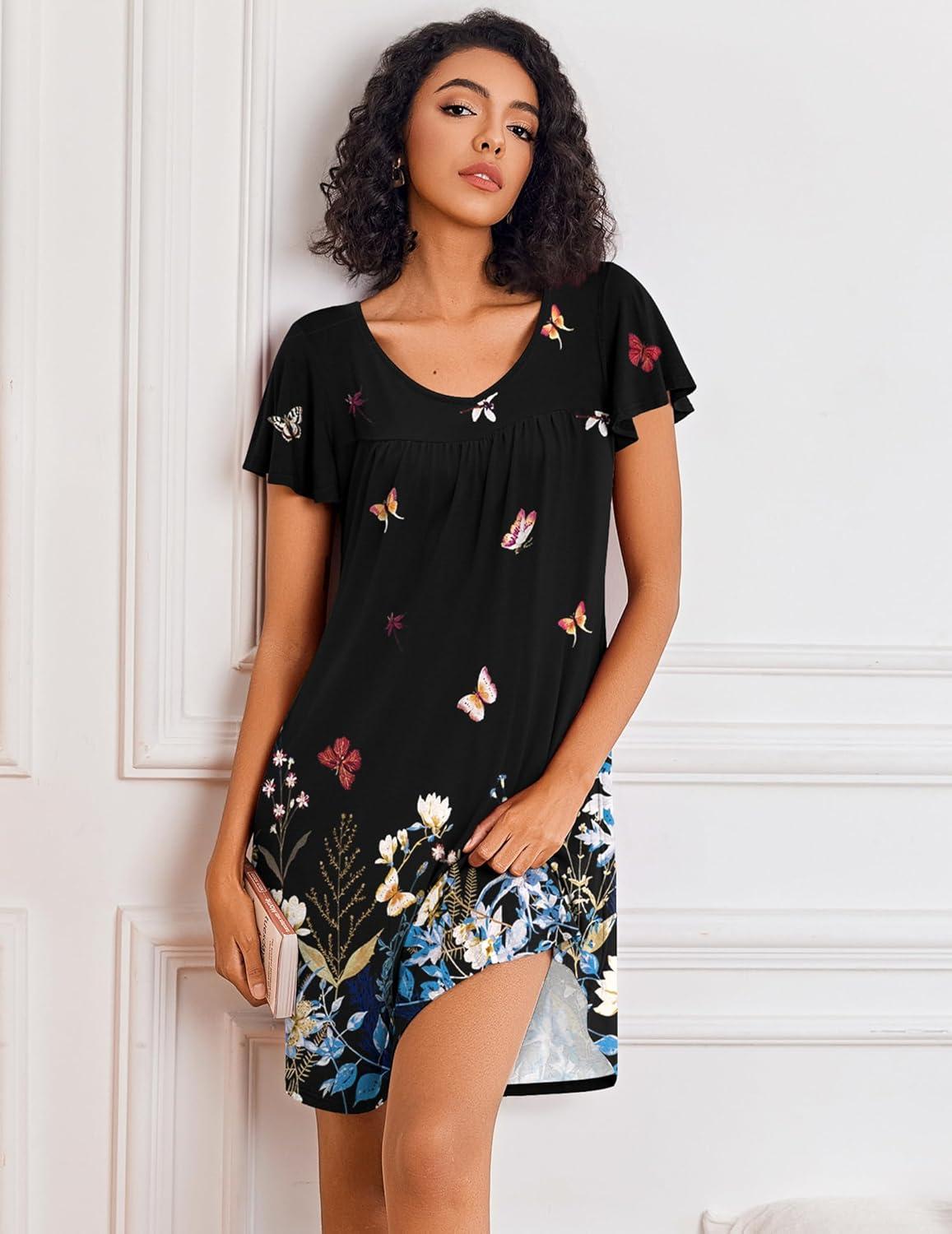 imageEkouaer Nightgowns for Women Short Sleeve Sleep Shirts Pleated Night Dress V Neck Night Shirts Soft House DressBlack Butterfly