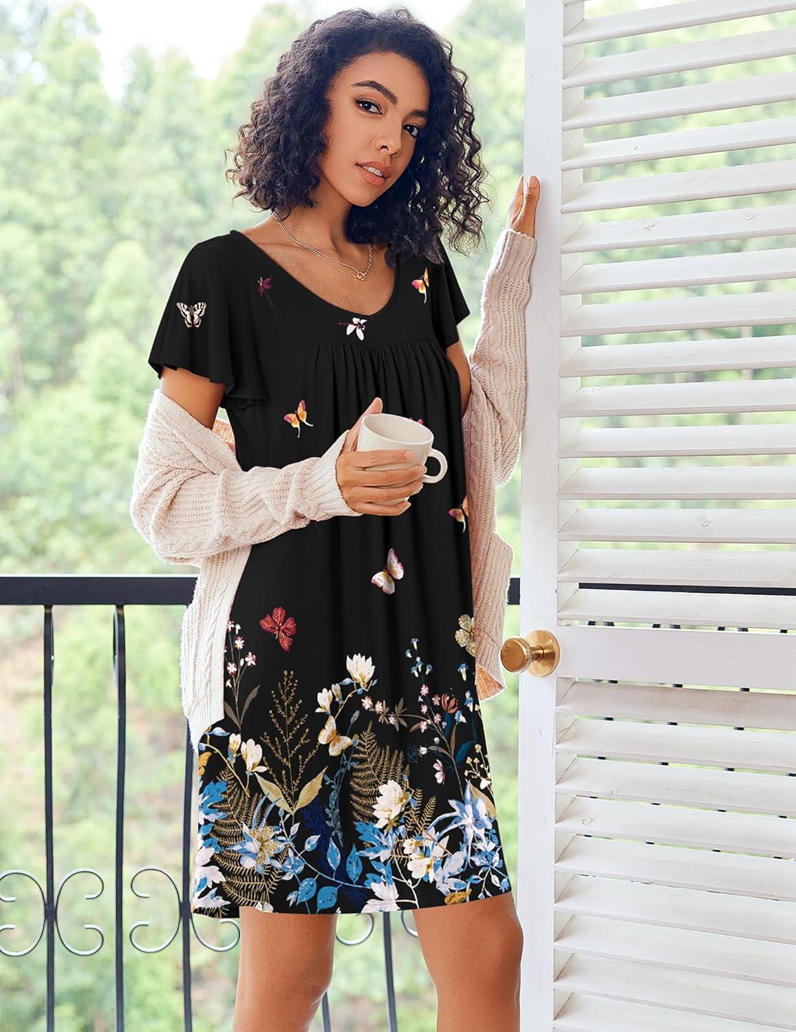 imageEkouaer Nightgowns for Women Short Sleeve Sleep Shirts Pleated Night Dress V Neck Night Shirts Soft House DressBlack Butterfly
