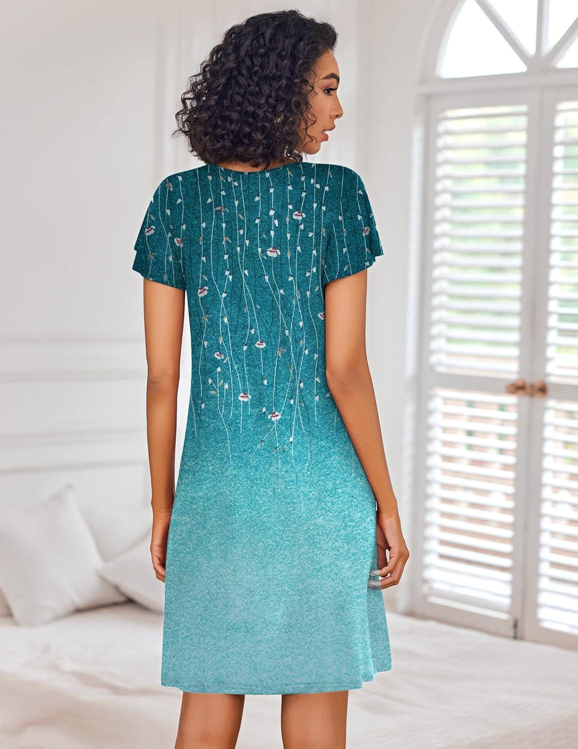 imageEkouaer Nightgowns for Women Short Sleeve Sleep Shirts Pleated Night Dress V Neck Night Shirts Soft House DressBlue Leaves