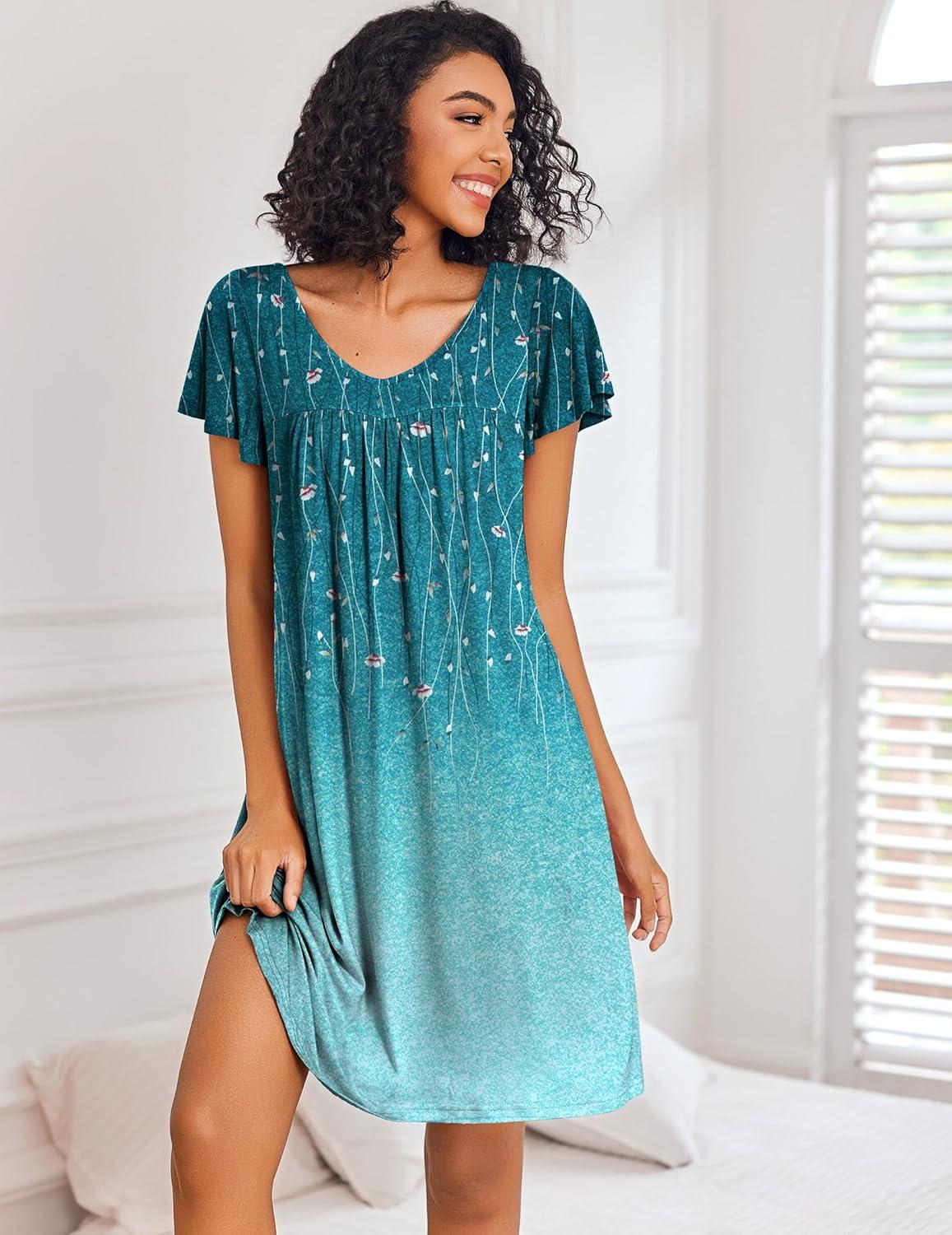 imageEkouaer Nightgowns for Women Short Sleeve Sleep Shirts Pleated Night Dress V Neck Night Shirts Soft House DressBlue Leaves