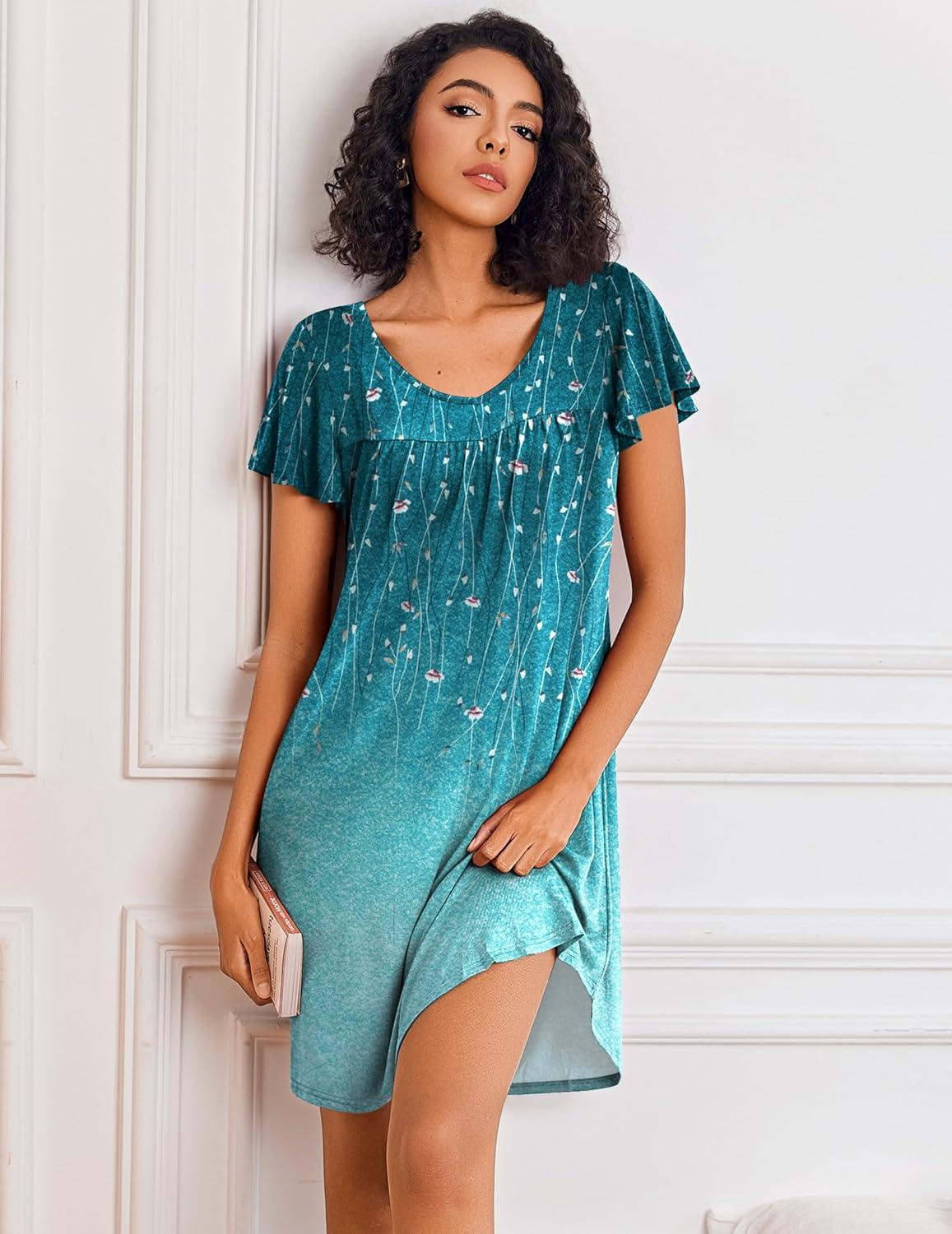 imageEkouaer Nightgowns for Women Short Sleeve Sleep Shirts Pleated Night Dress V Neck Night Shirts Soft House DressBlue Leaves
