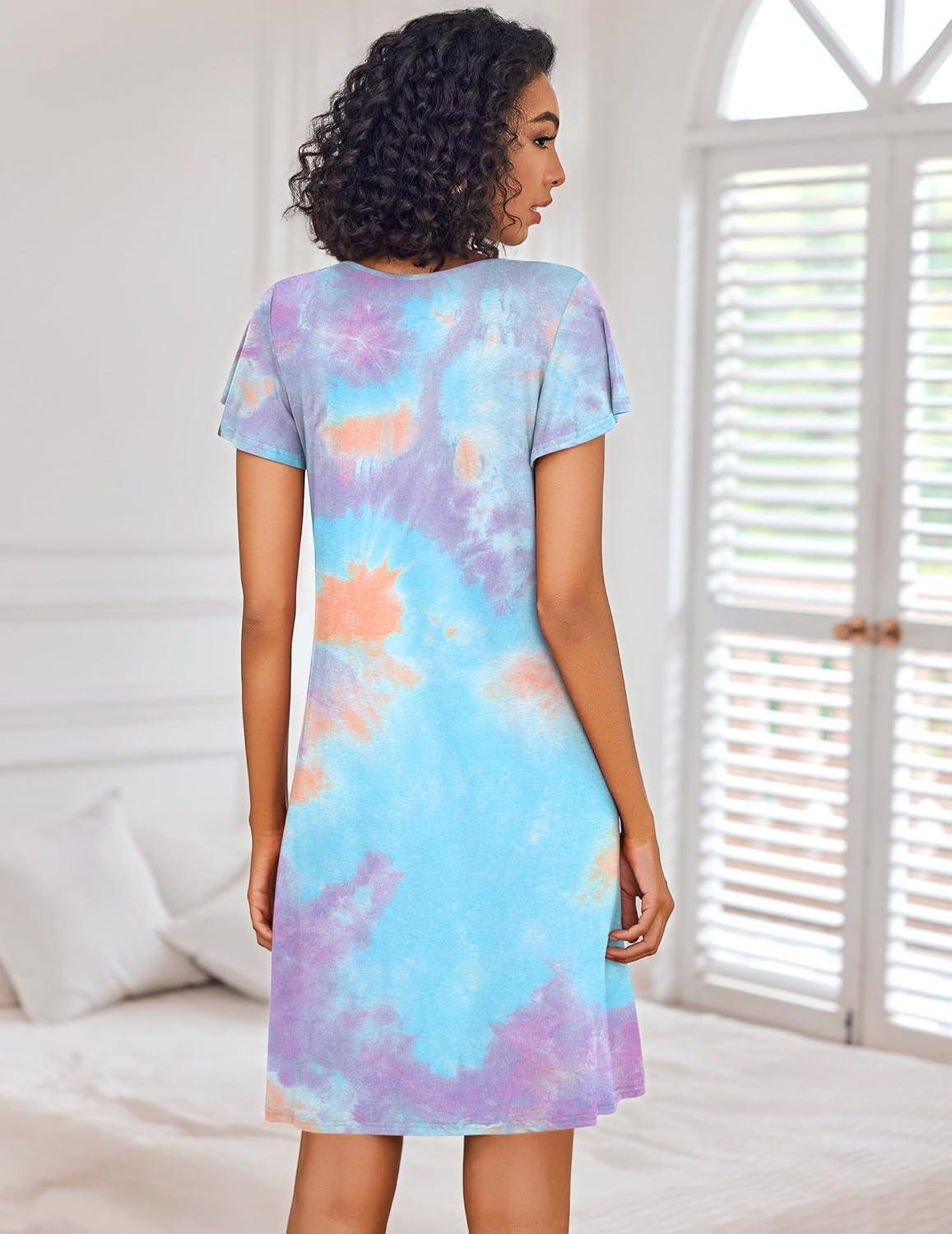 imageEkouaer Nightgowns for Women Short Sleeve Sleep Shirts Pleated Night Dress V Neck Night Shirts Soft House DressBlue Tie Dye