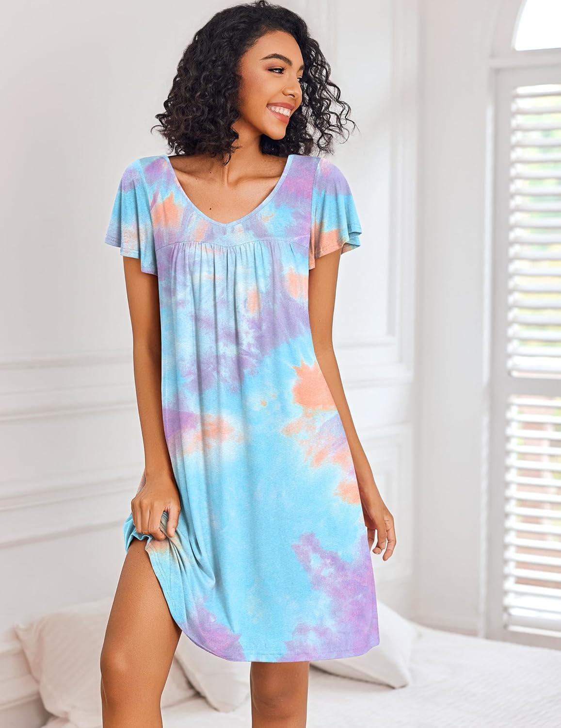 imageEkouaer Nightgowns for Women Short Sleeve Sleep Shirts Pleated Night Dress V Neck Night Shirts Soft House DressBlue Tie Dye