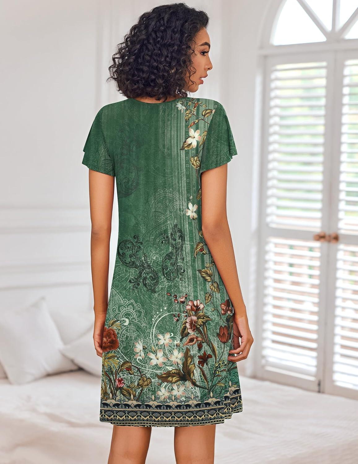 imageEkouaer Nightgowns for Women Short Sleeve Sleep Shirts Pleated Night Dress V Neck Night Shirts Soft House DressGreen Floral