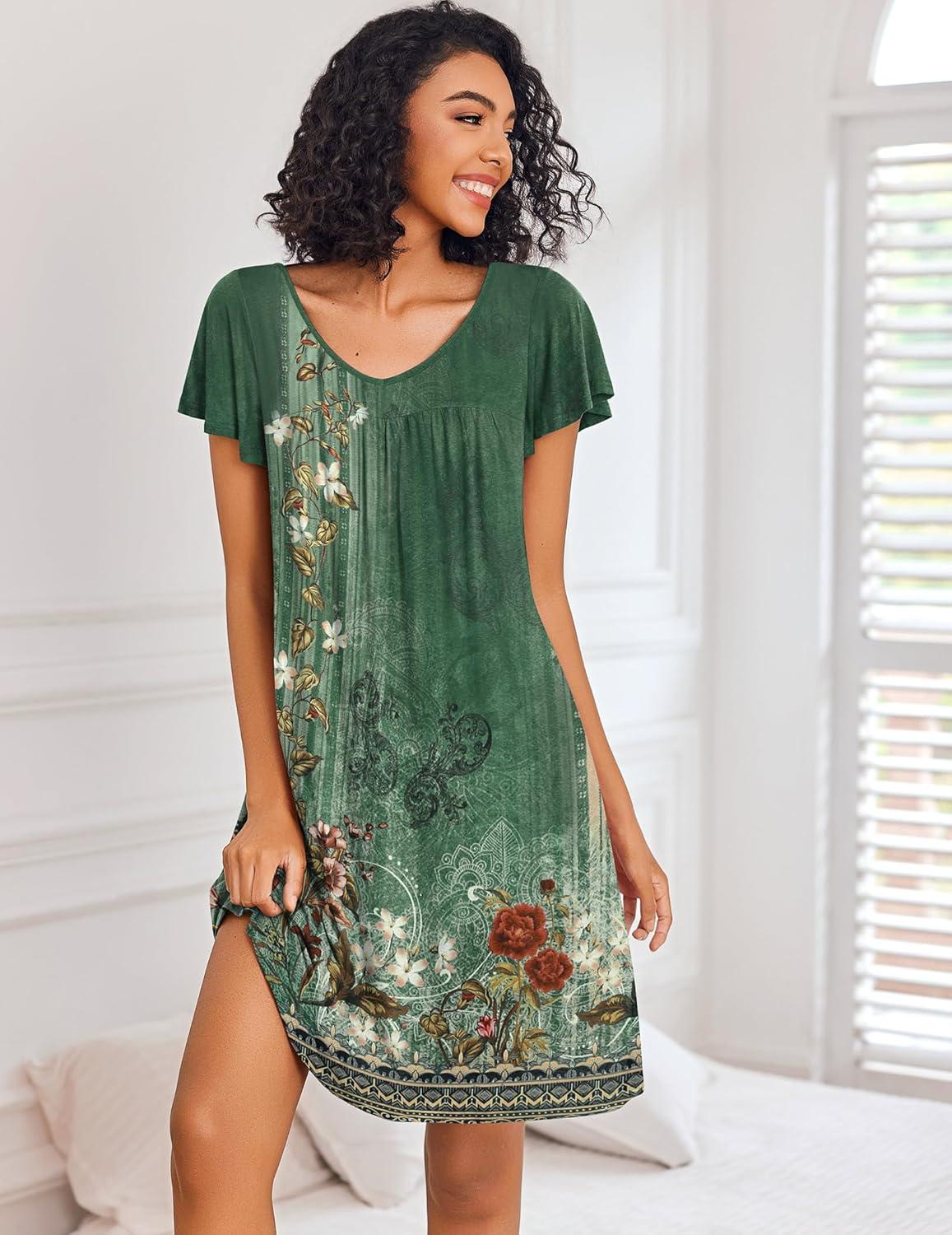 imageEkouaer Nightgowns for Women Short Sleeve Sleep Shirts Pleated Night Dress V Neck Night Shirts Soft House DressGreen Floral