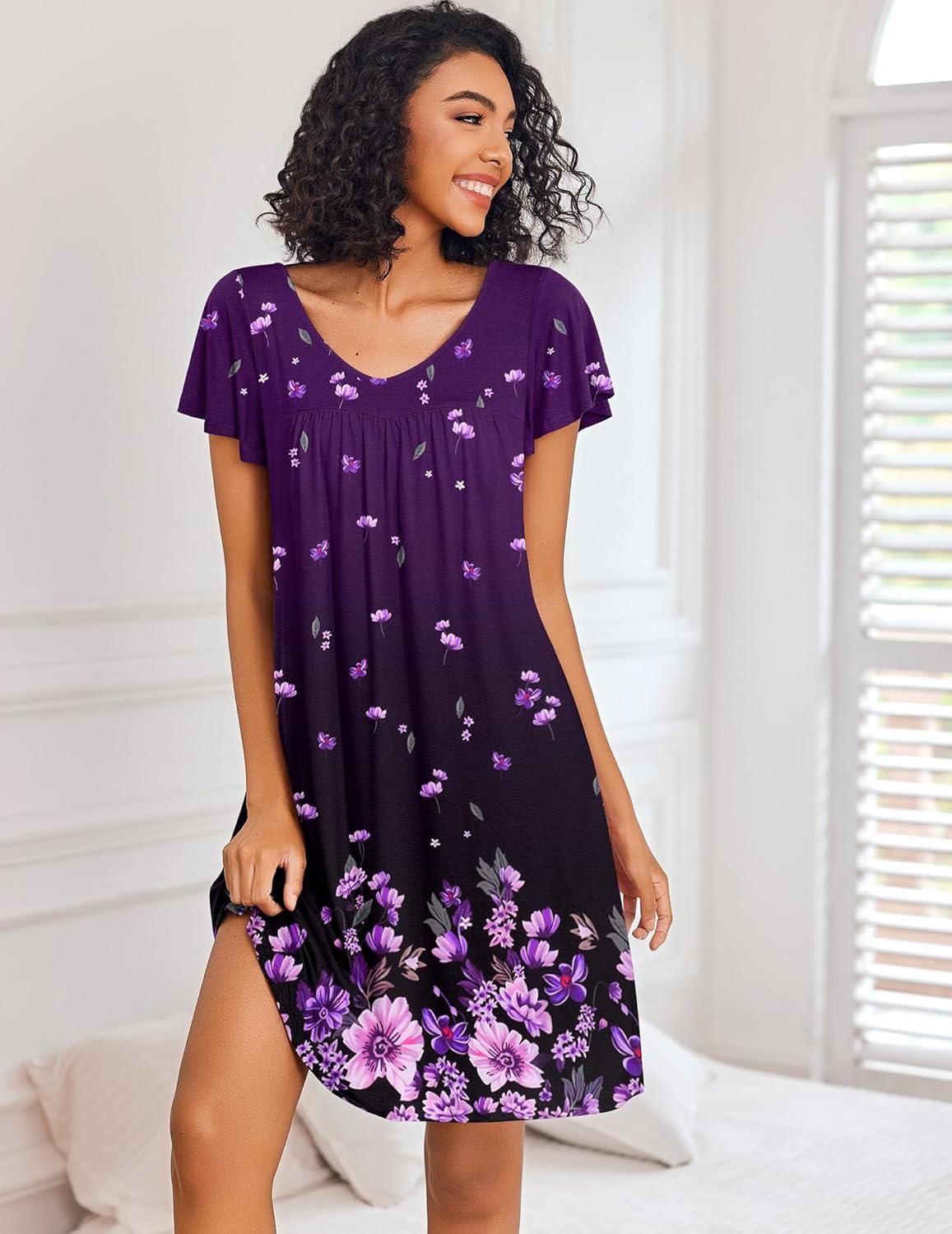 imageEkouaer Nightgowns for Women Short Sleeve Sleep Shirts Pleated Night Dress V Neck Night Shirts Soft House DressPurple Floral