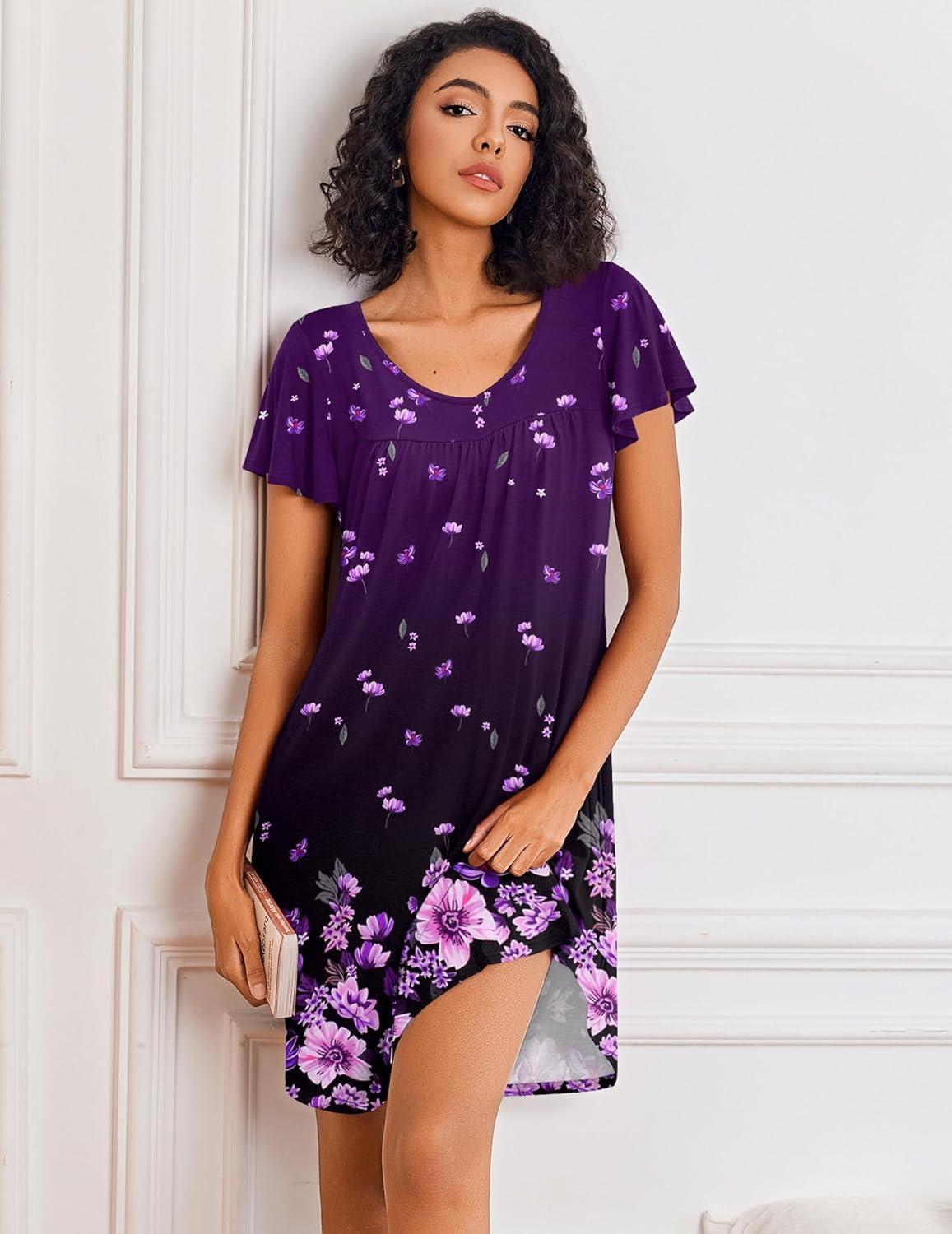 imageEkouaer Nightgowns for Women Short Sleeve Sleep Shirts Pleated Night Dress V Neck Night Shirts Soft House DressPurple Floral