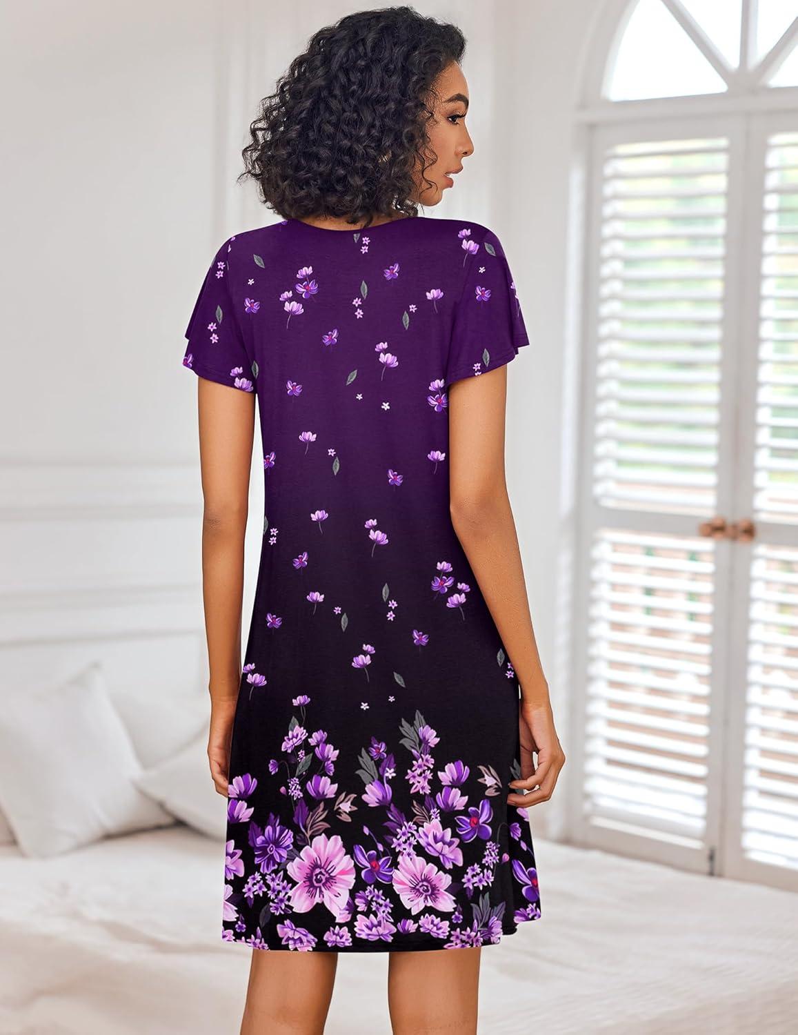 imageEkouaer Nightgowns for Women Short Sleeve Sleep Shirts Pleated Night Dress V Neck Night Shirts Soft House DressPurple Floral