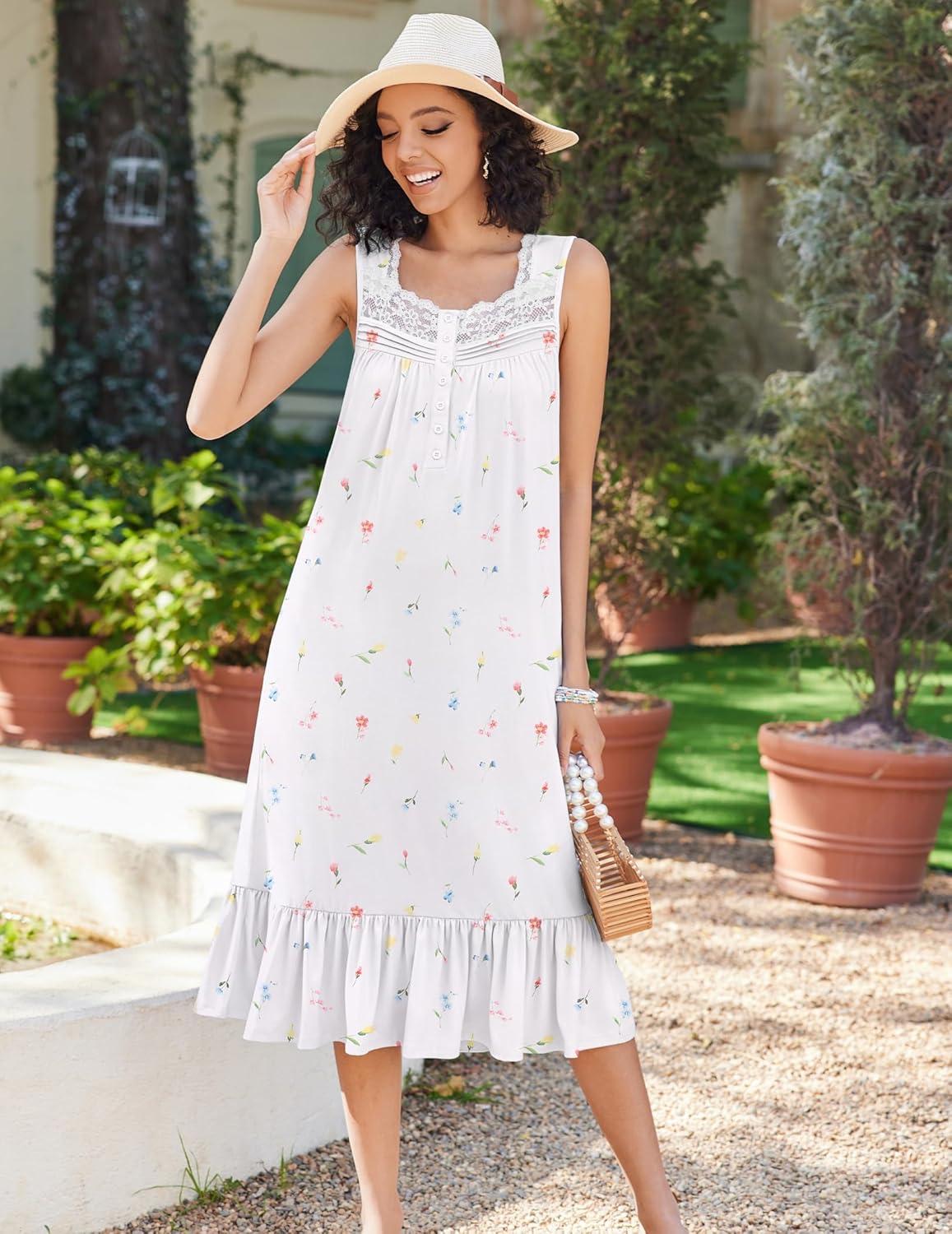 imageEkouaer Nightgowns for Women Sleeveless Night Gown Victorian Sleep Shirt with Pockets Ladies Pajamas Lace Trim SleepwearMulticolored Floral