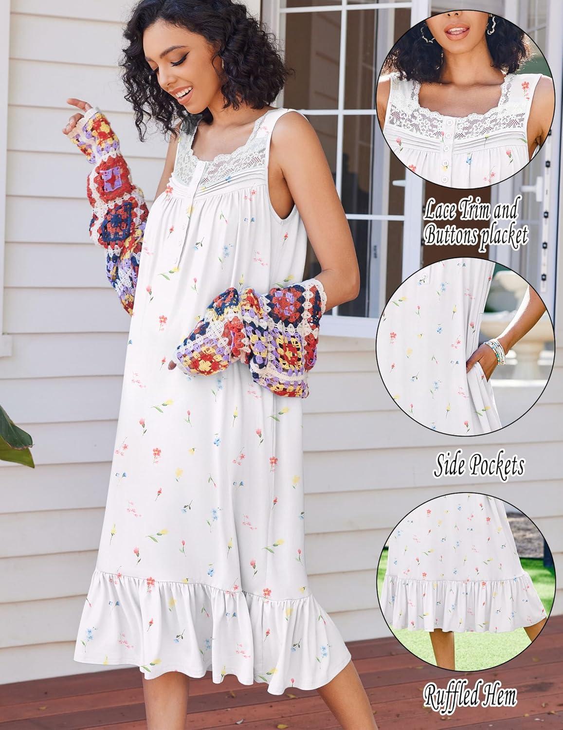 imageEkouaer Nightgowns for Women Sleeveless Night Gown Victorian Sleep Shirt with Pockets Ladies Pajamas Lace Trim SleepwearMulticolored Floral