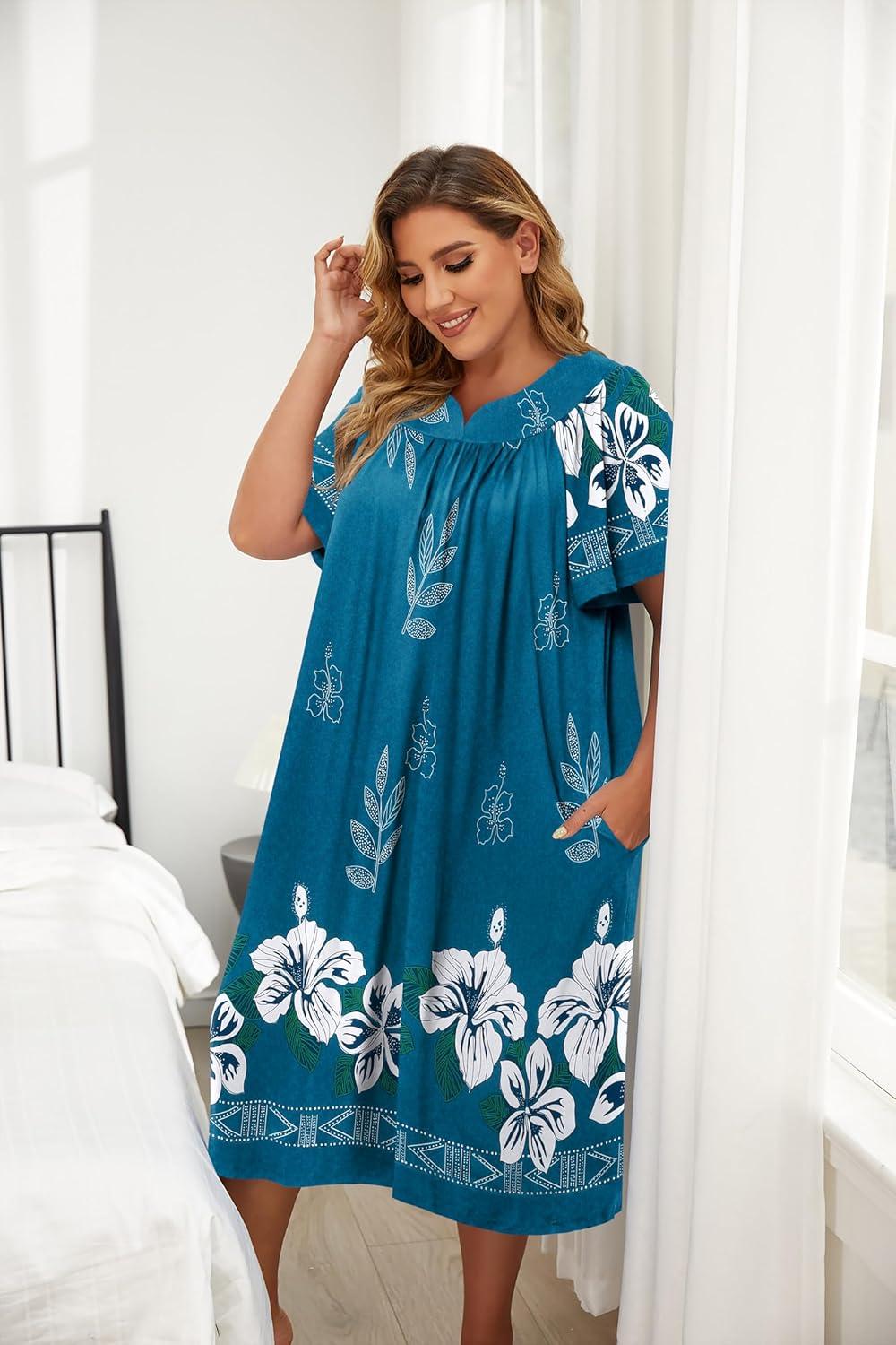 imageEkouaer Plus Womens Plus Size Mumu Dress Short Sleeve House Dress Momo Sleepdress with PocketsBlue Flower