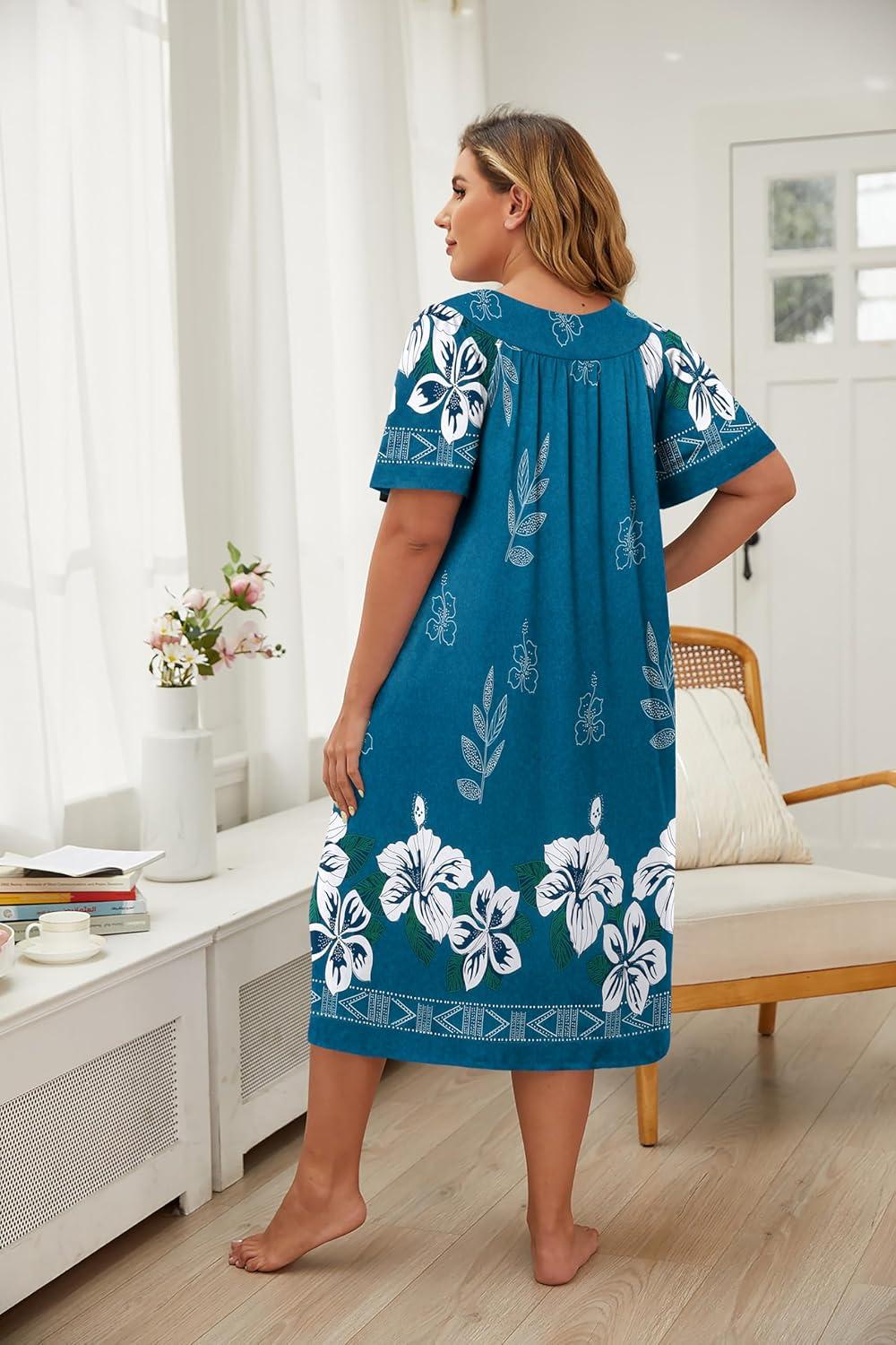 imageEkouaer Plus Womens Plus Size Mumu Dress Short Sleeve House Dress Momo Sleepdress with PocketsBlue Flower