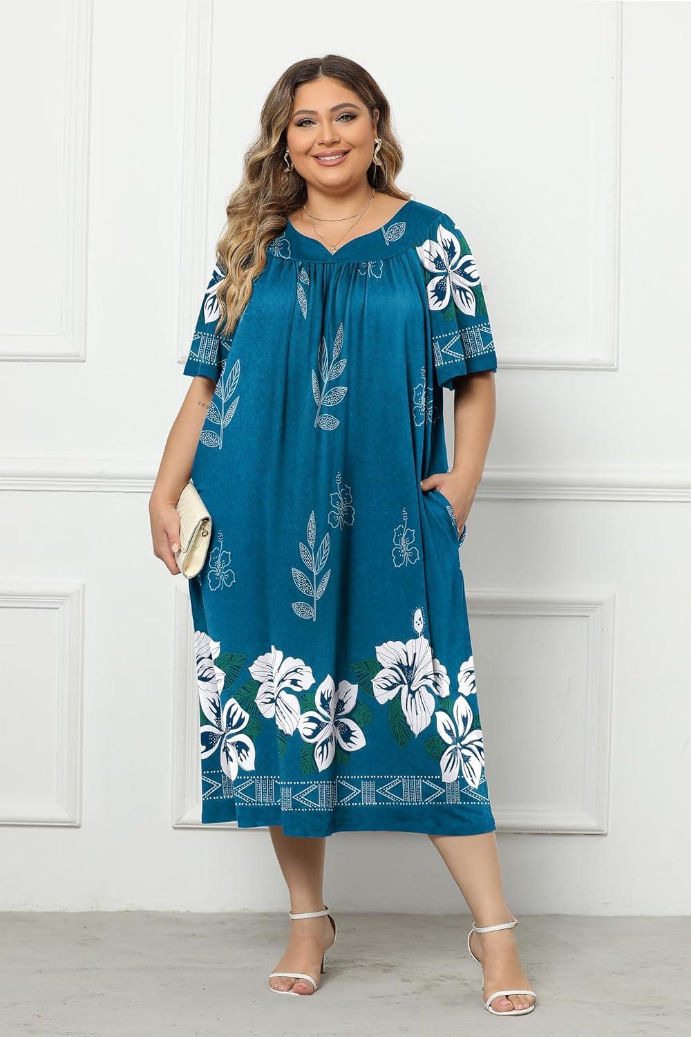 imageEkouaer Plus Womens Plus Size Mumu Dress Short Sleeve House Dress Momo Sleepdress with PocketsBlue Flower