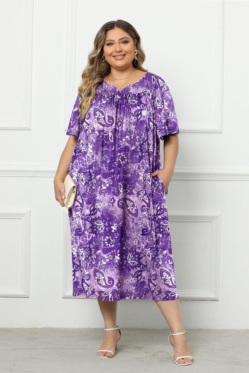 imageEkouaer Plus Womens Plus Size Mumu Dress Short Sleeve House Dress Momo Sleepdress with PocketsPurple Print Flaral