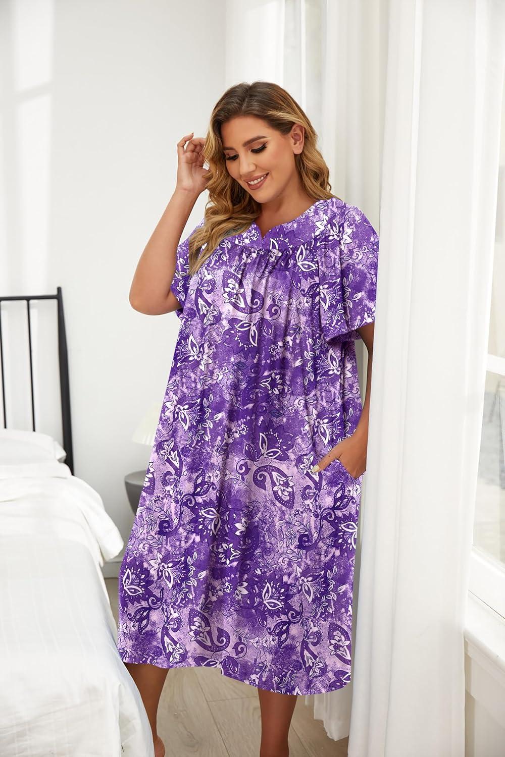 imageEkouaer Plus Womens Plus Size Mumu Dress Short Sleeve House Dress Momo Sleepdress with PocketsPurple Print Flaral