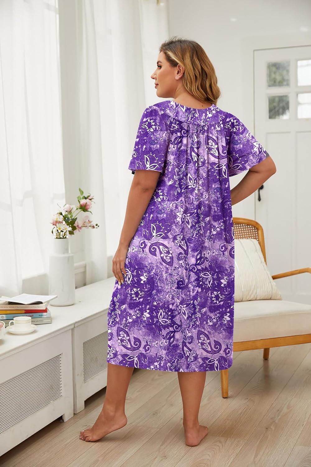 imageEkouaer Plus Womens Plus Size Mumu Dress Short Sleeve House Dress Momo Sleepdress with PocketsPurple Print Flaral