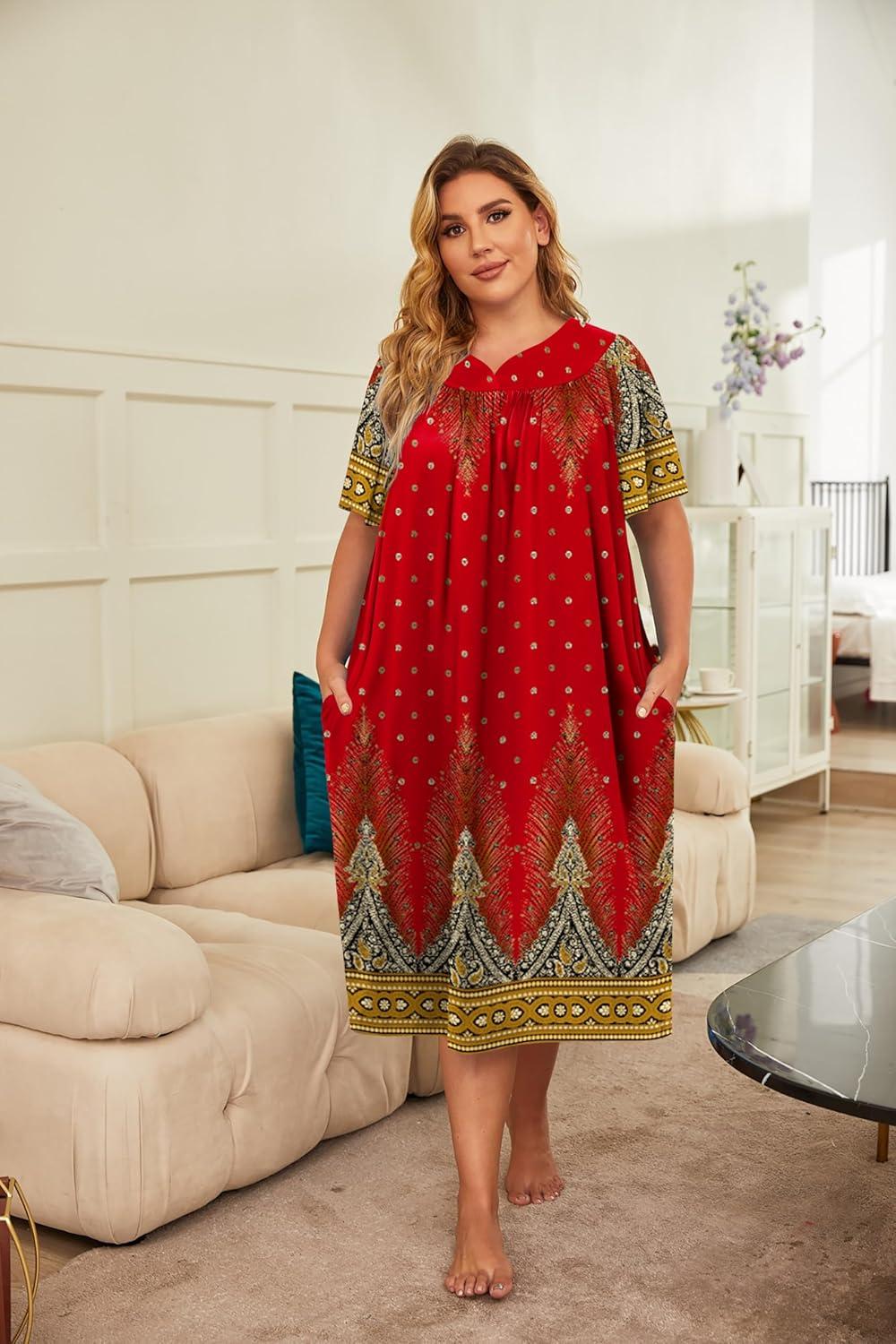 imageEkouaer Plus Womens Plus Size Mumu Dress Short Sleeve House Dress Momo Sleepdress with PocketsRed Print