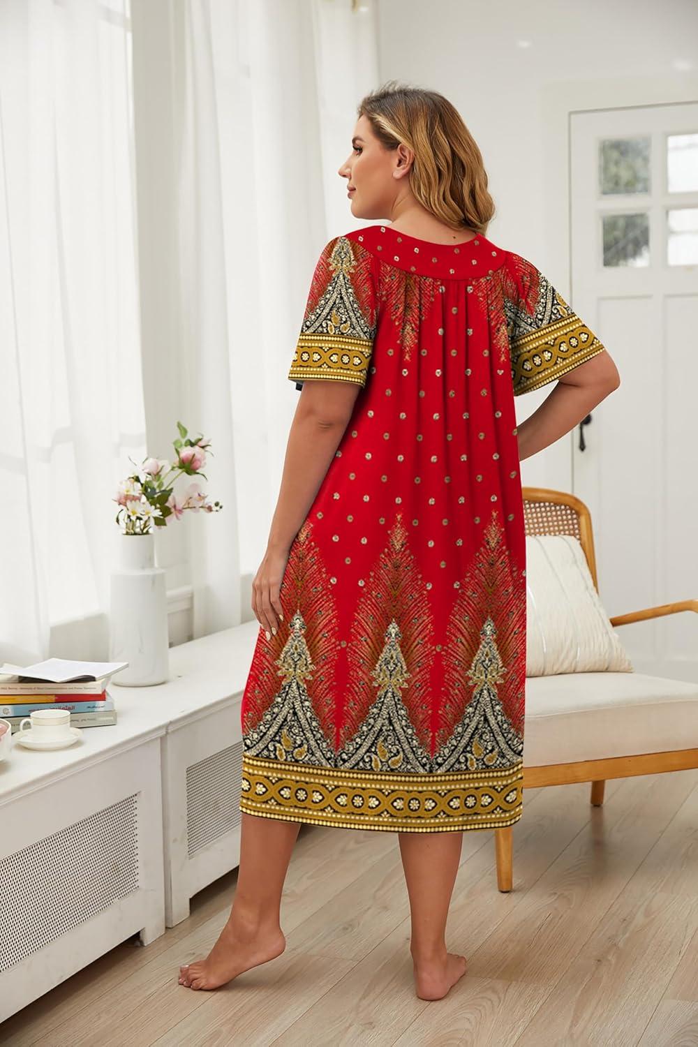 imageEkouaer Plus Womens Plus Size Mumu Dress Short Sleeve House Dress Momo Sleepdress with PocketsRed Print