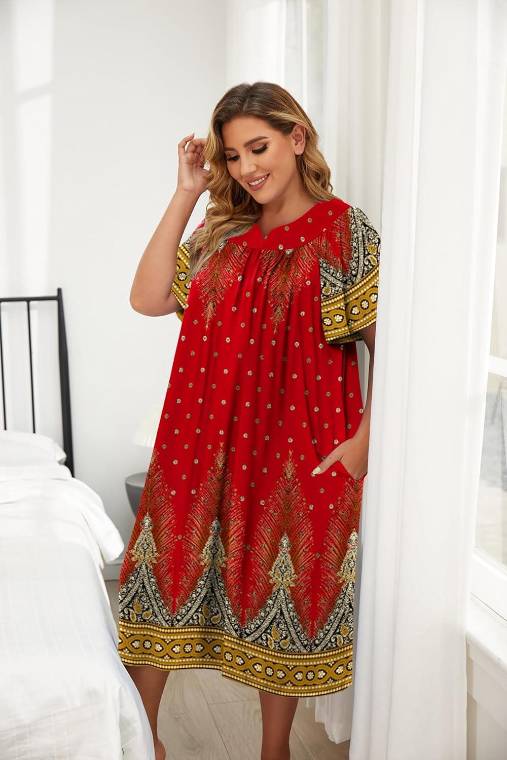 imageEkouaer Plus Womens Plus Size Mumu Dress Short Sleeve House Dress Momo Sleepdress with PocketsRed Print