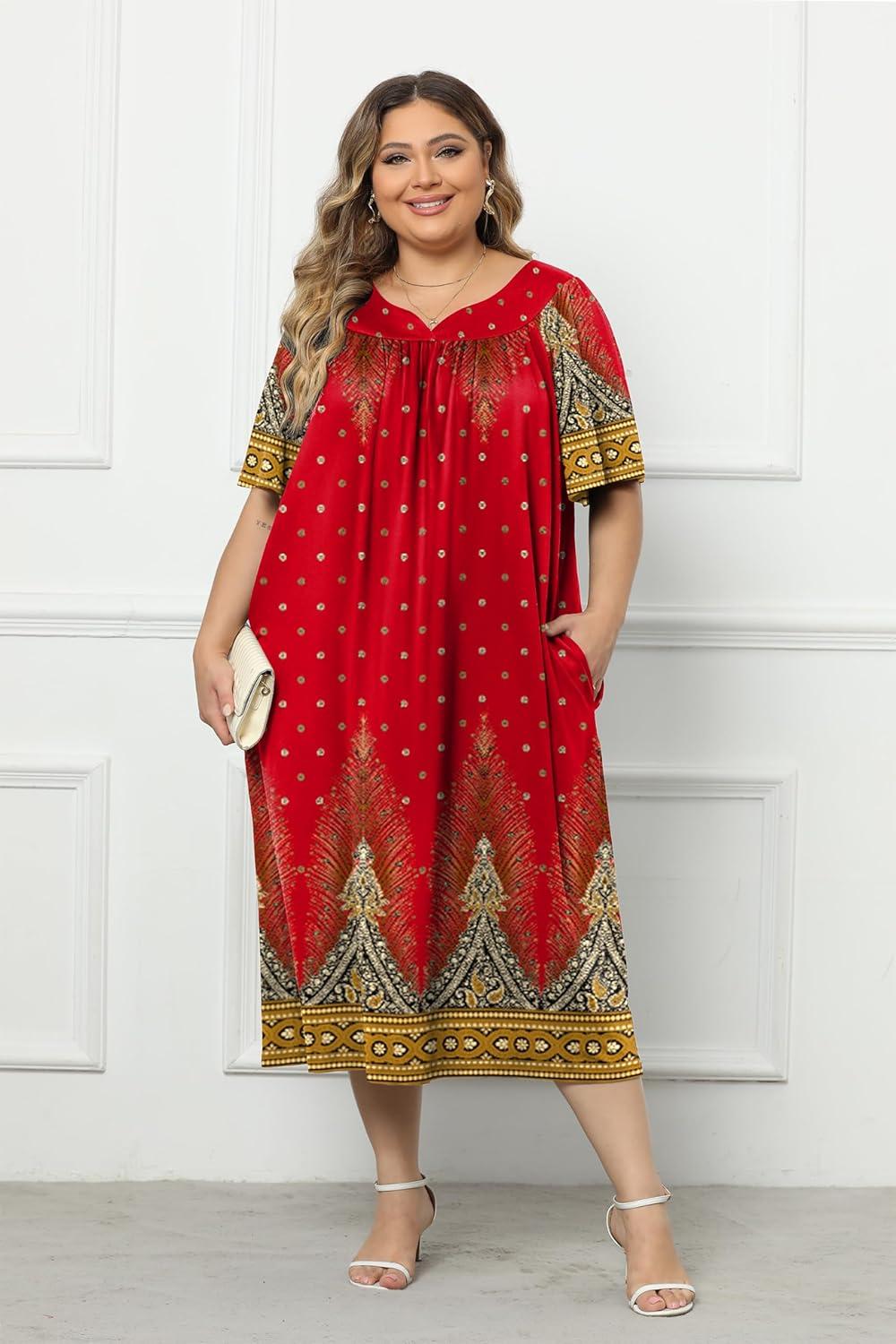 imageEkouaer Plus Womens Plus Size Mumu Dress Short Sleeve House Dress Momo Sleepdress with PocketsRed Print