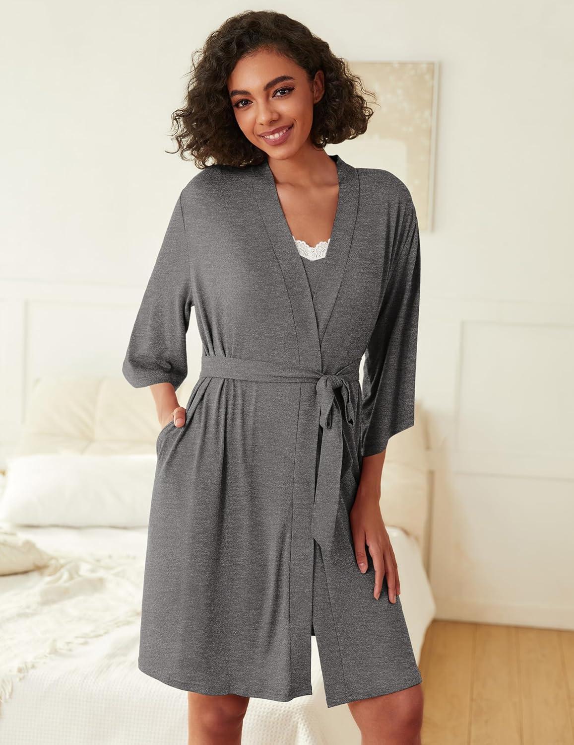 imageEkouaer Robes Womens Nightgown and Robe Set 2 Piece Sexy Lace Spaghetti Strap Lightweight Sleepwear with Pockets SXXLDark Gray