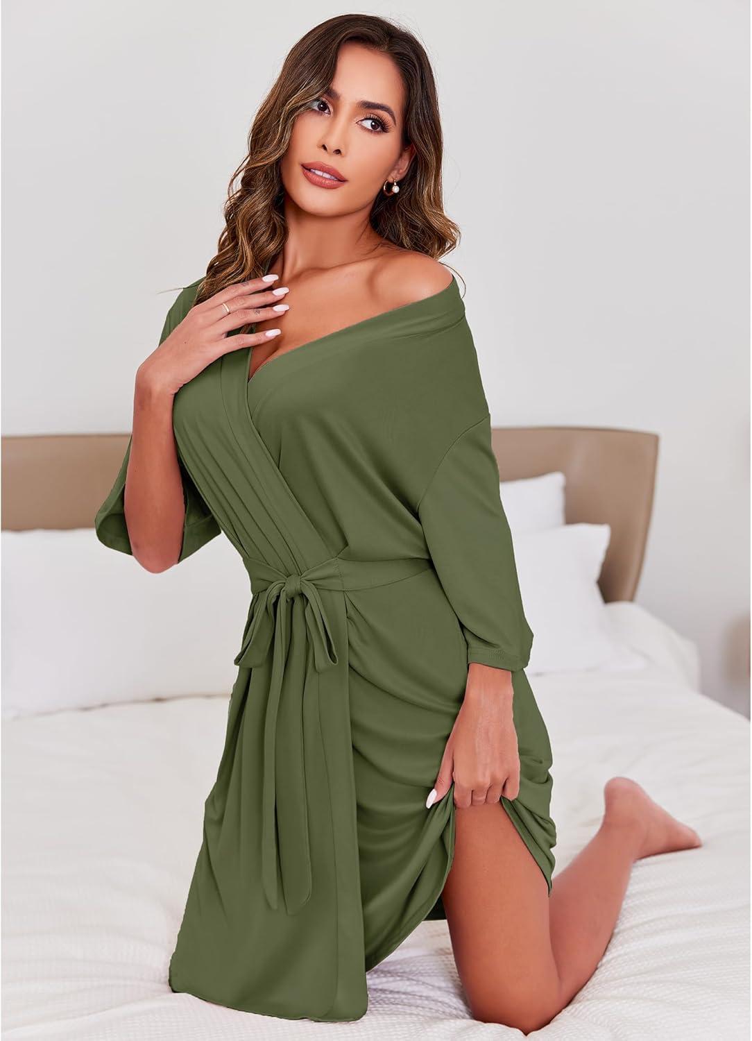 imageEkouaer Short Robes for Women Lightweight Kimono Robes Knit Bathrobe Soft Sleepwear with Pockets SXXLArmy Green