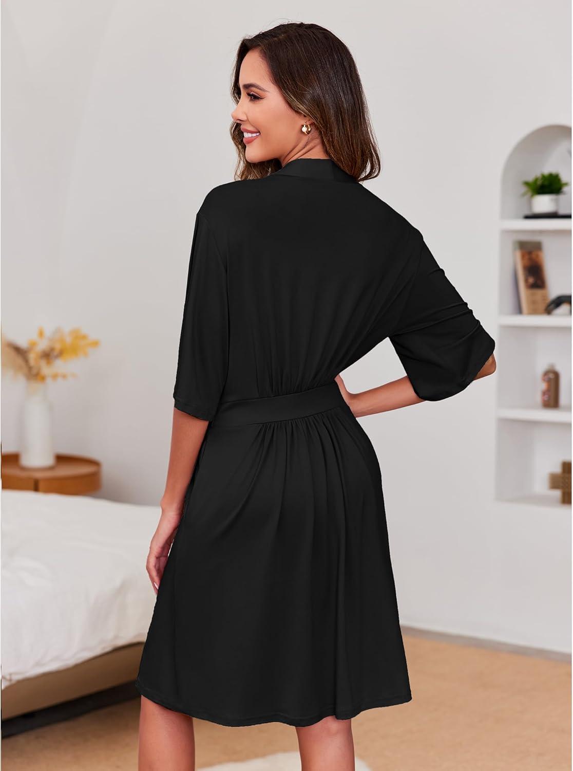 imageEkouaer Short Robes for Women Lightweight Kimono Robes Knit Bathrobe Soft Sleepwear with Pockets SXXLBlack