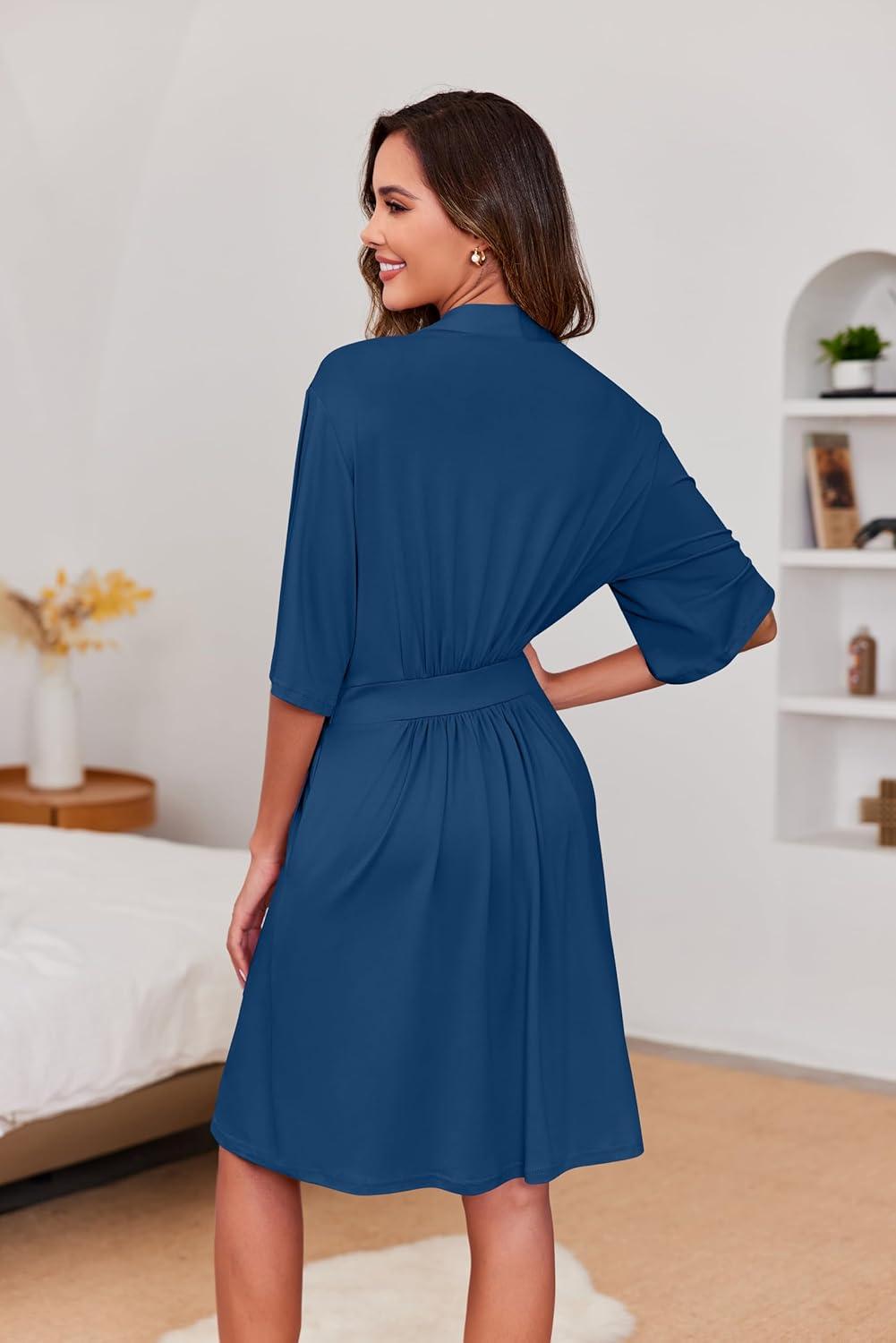 imageEkouaer Short Robes for Women Lightweight Kimono Robes Knit Bathrobe Soft Sleepwear with Pockets SXXLDark Blue