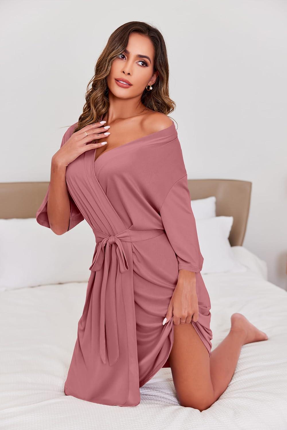 imageEkouaer Short Robes for Women Lightweight Kimono Robes Knit Bathrobe Soft Sleepwear with Pockets SXXLGray Purple