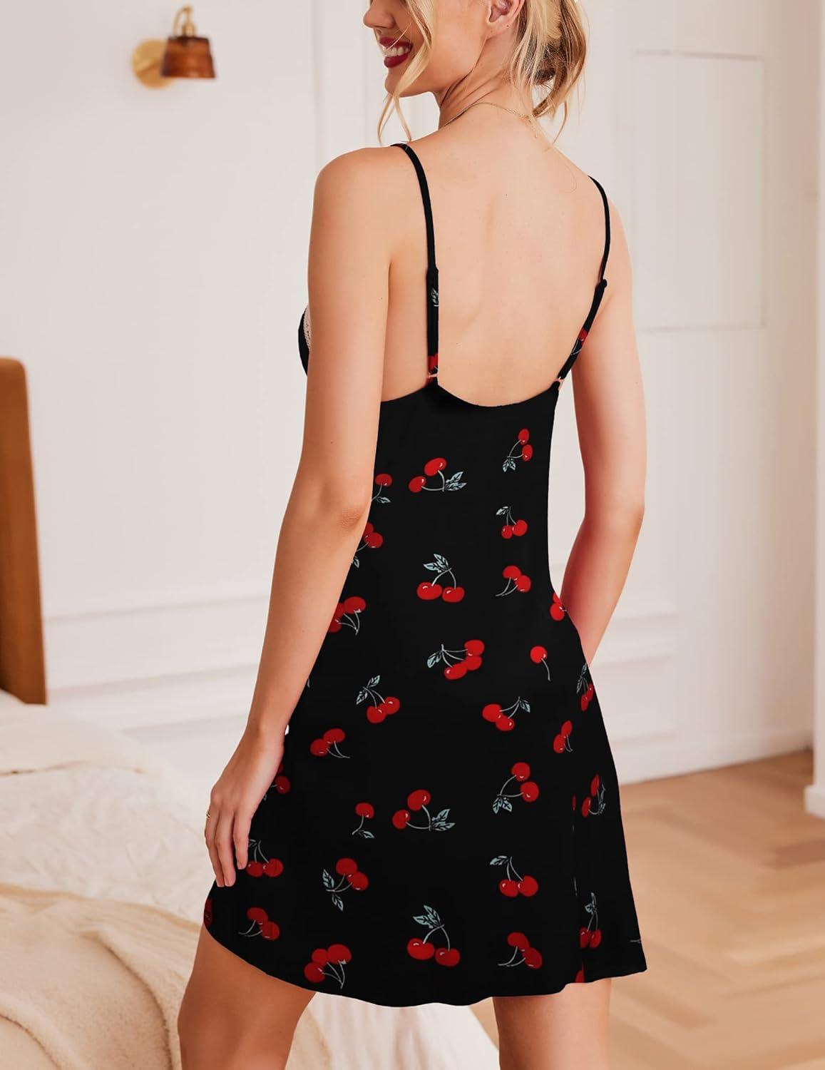 imageEkouaer Sleepwear Womens Chemise Nightgown Full Slip Lace Lounge DressCherry Print