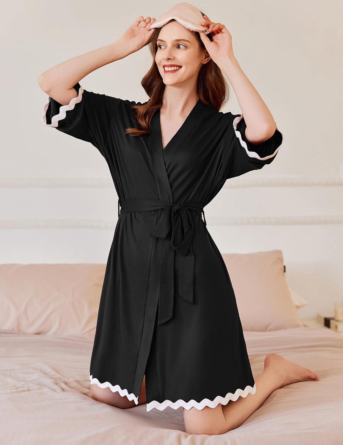 imageEkouaer Women Kimono Robe 34 Sleeves Loungewear Dress Knee Length Sleepwear Pockets Housecoat Short Bathrobe SXXLCblack