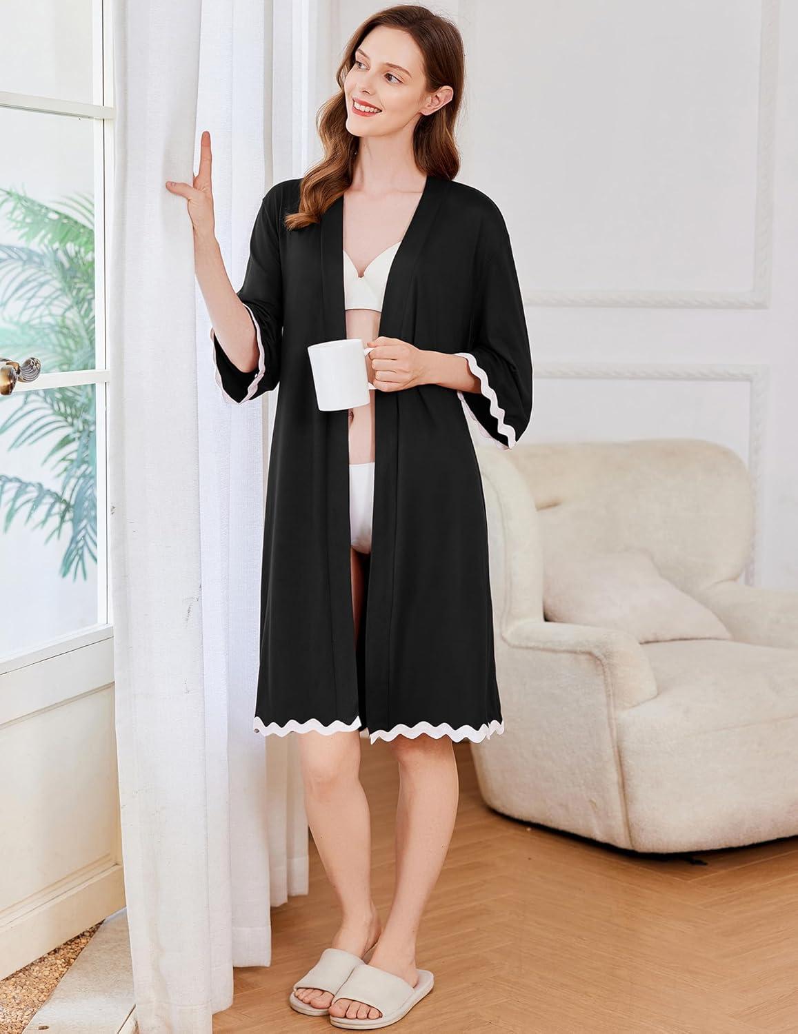imageEkouaer Women Kimono Robe 34 Sleeves Loungewear Dress Knee Length Sleepwear Pockets Housecoat Short Bathrobe SXXLCblack