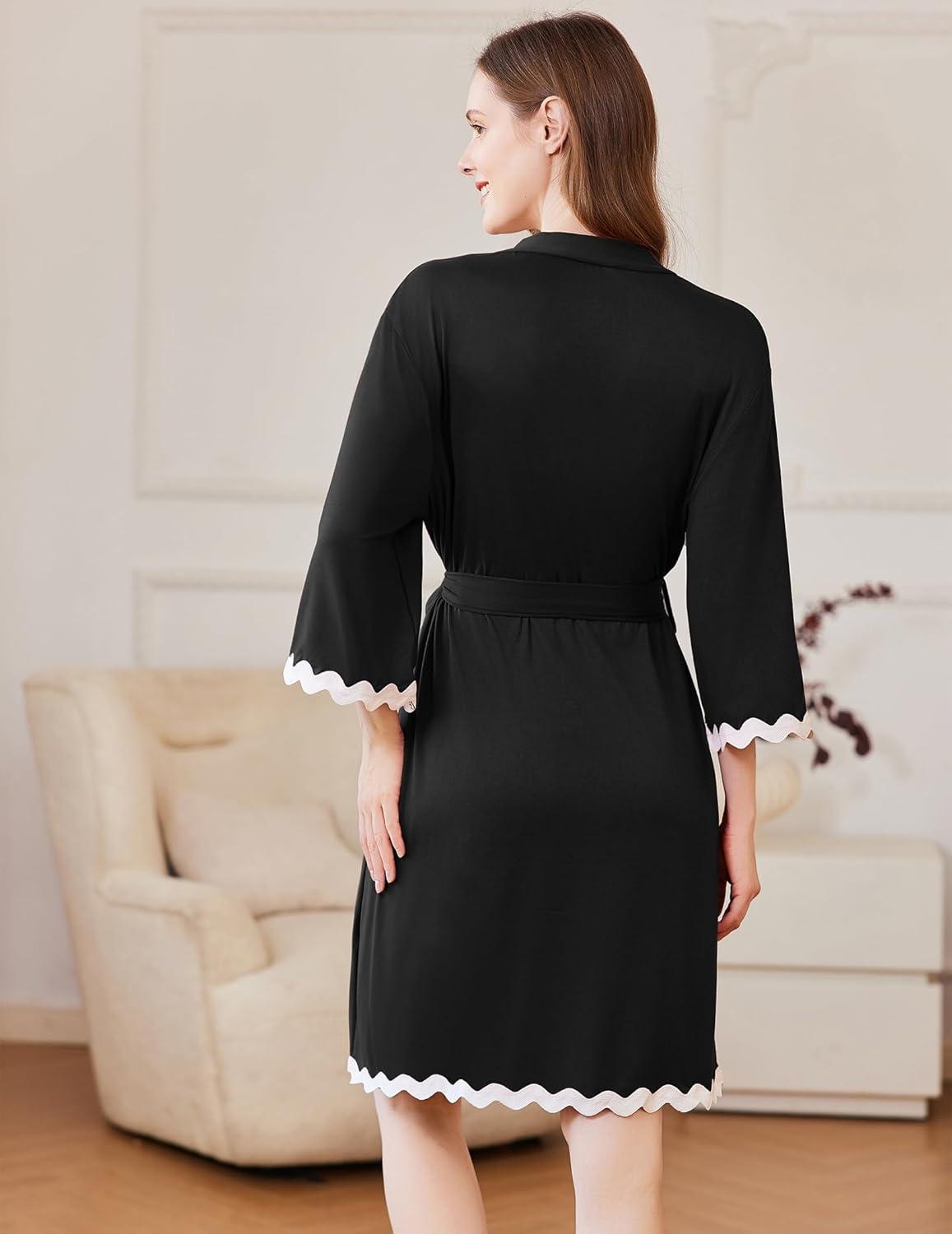 imageEkouaer Women Kimono Robe 34 Sleeves Loungewear Dress Knee Length Sleepwear Pockets Housecoat Short Bathrobe SXXLCblack