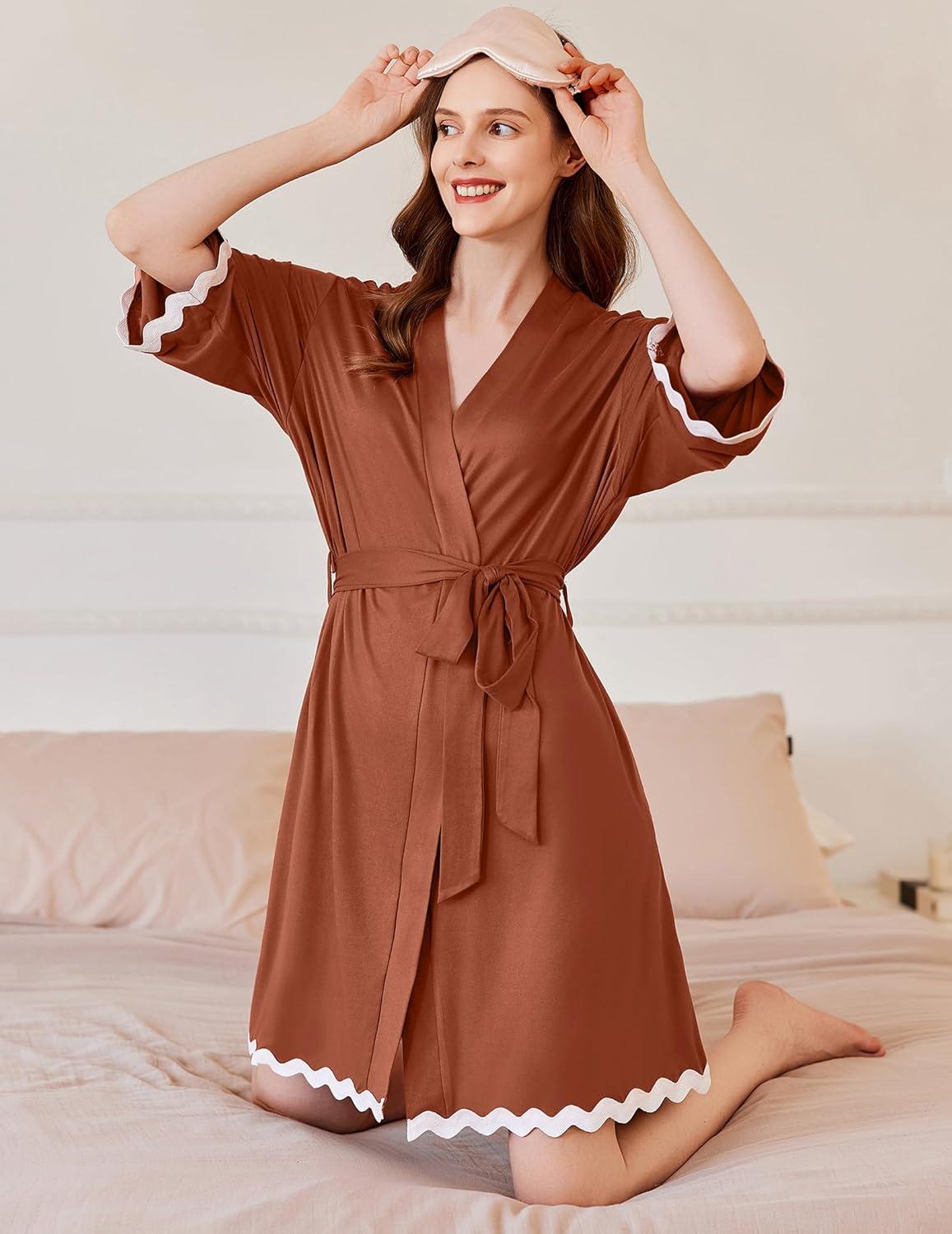 imageEkouaer Women Kimono Robe 34 Sleeves Loungewear Dress Knee Length Sleepwear Pockets Housecoat Short Bathrobe SXXLCcaramel