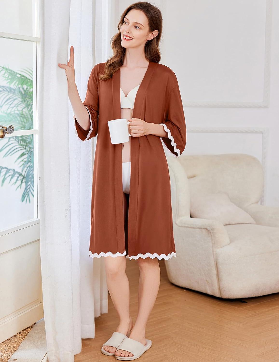 imageEkouaer Women Kimono Robe 34 Sleeves Loungewear Dress Knee Length Sleepwear Pockets Housecoat Short Bathrobe SXXLCcaramel
