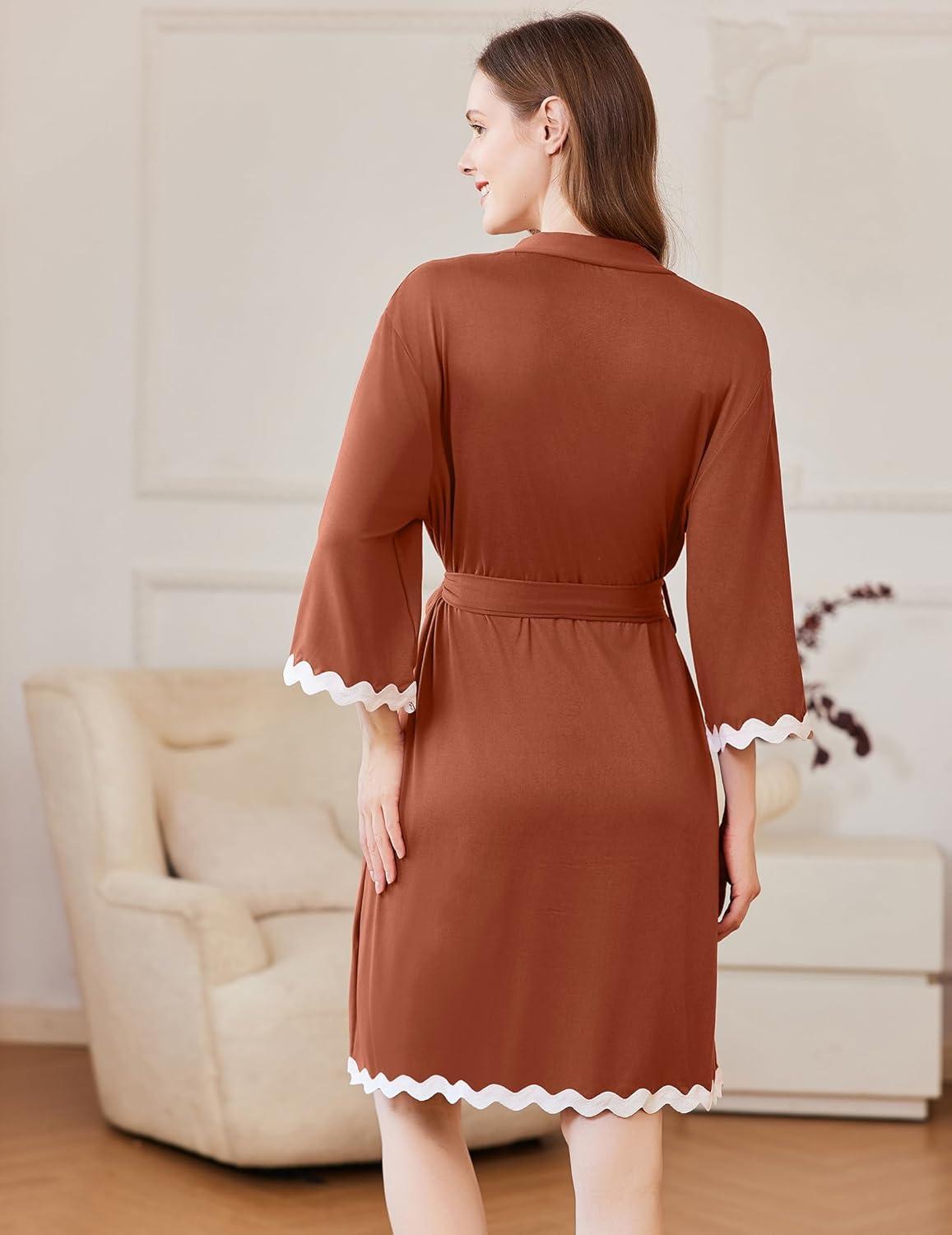 imageEkouaer Women Kimono Robe 34 Sleeves Loungewear Dress Knee Length Sleepwear Pockets Housecoat Short Bathrobe SXXLCcaramel