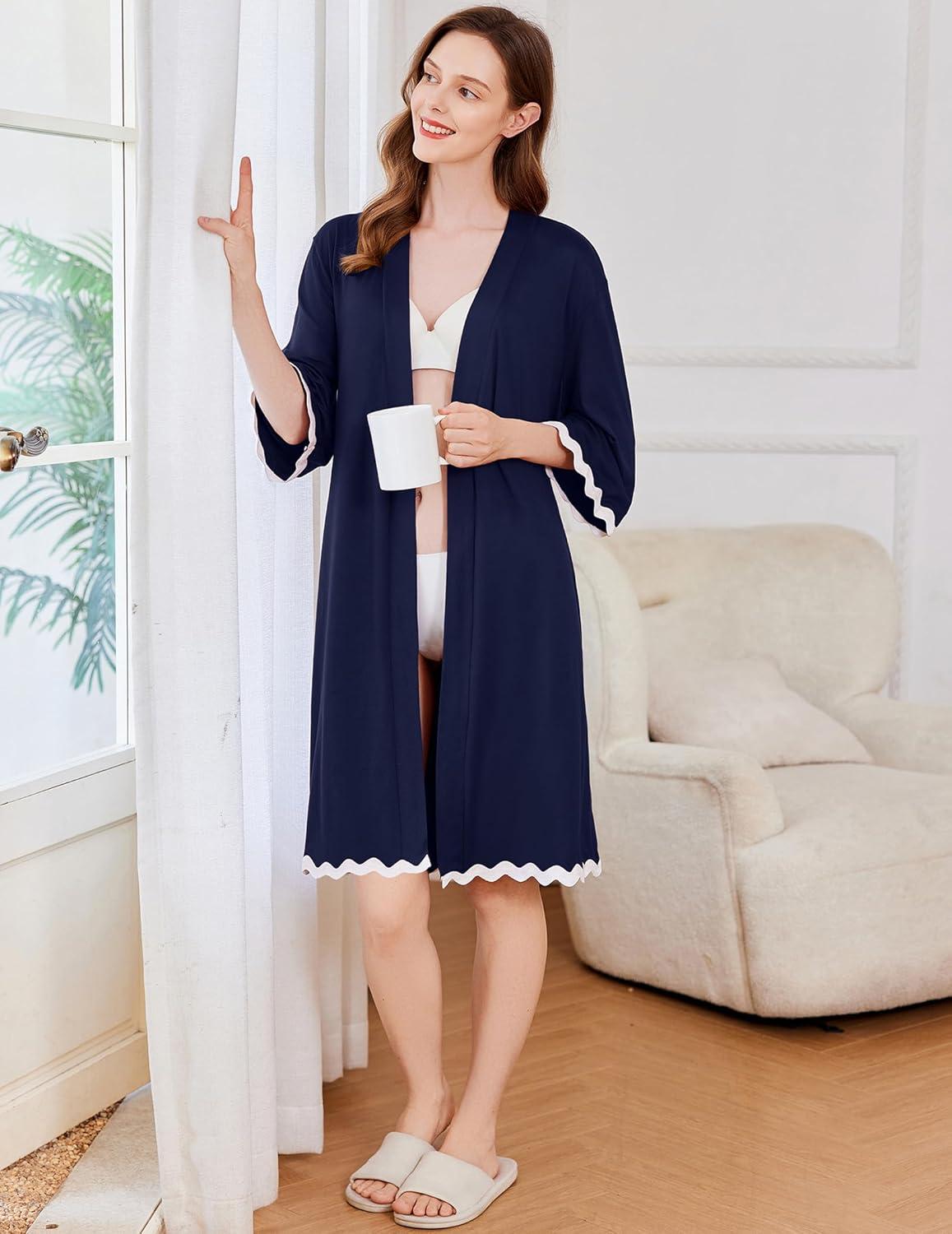 imageEkouaer Women Kimono Robe 34 Sleeves Loungewear Dress Knee Length Sleepwear Pockets Housecoat Short Bathrobe SXXLCnavy Blue