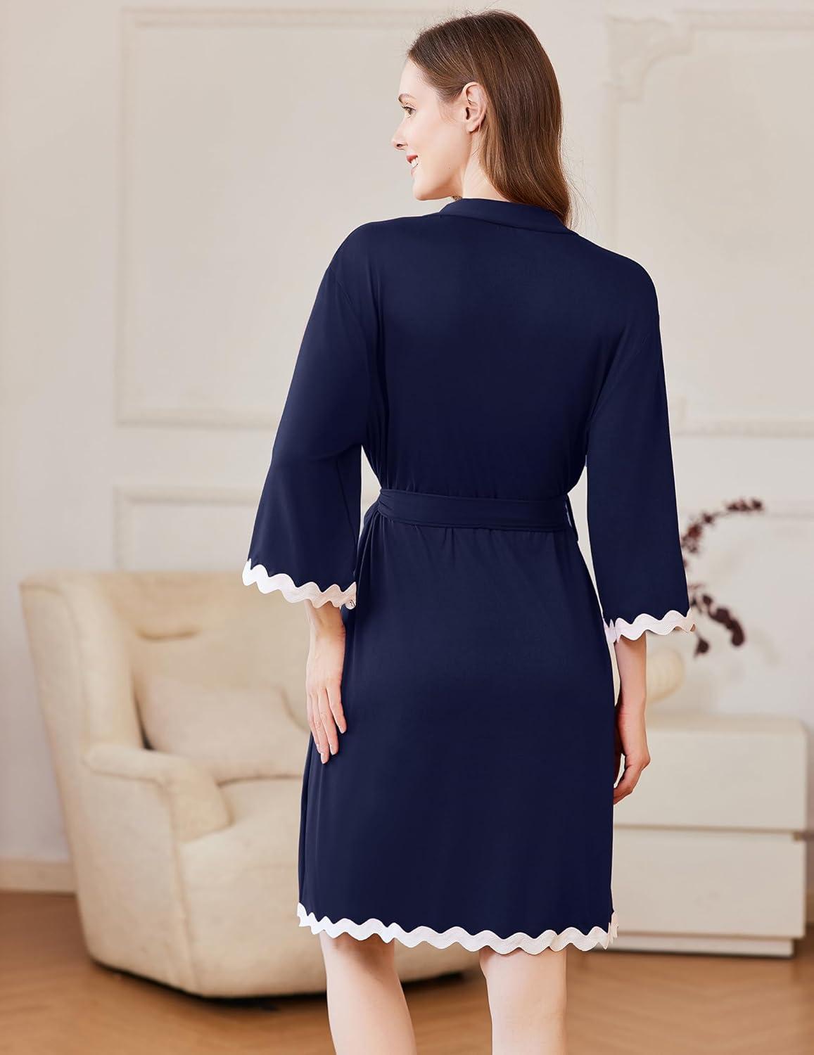 imageEkouaer Women Kimono Robe 34 Sleeves Loungewear Dress Knee Length Sleepwear Pockets Housecoat Short Bathrobe SXXLCnavy Blue