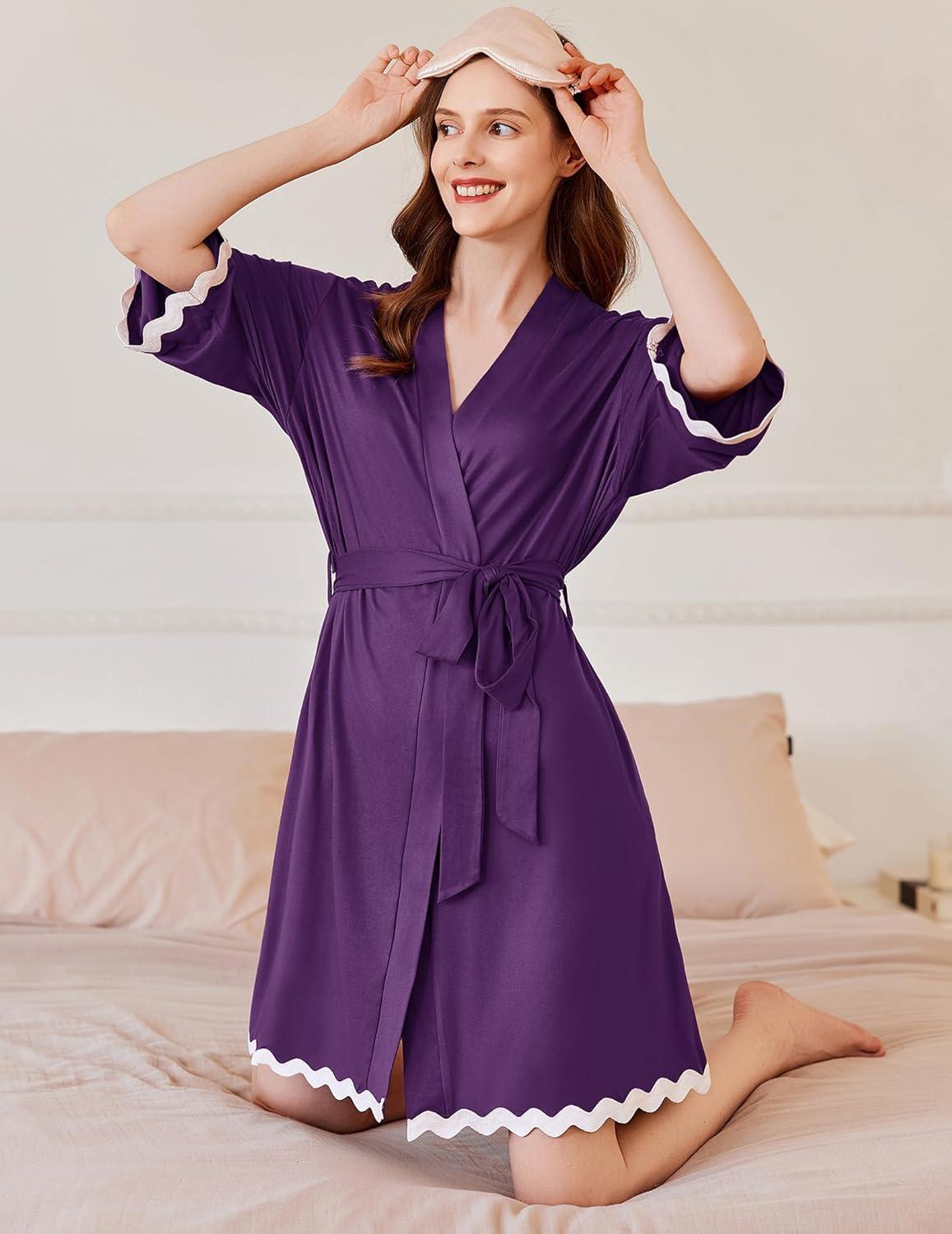 imageEkouaer Women Kimono Robe 34 Sleeves Loungewear Dress Knee Length Sleepwear Pockets Housecoat Short Bathrobe SXXLCpurple