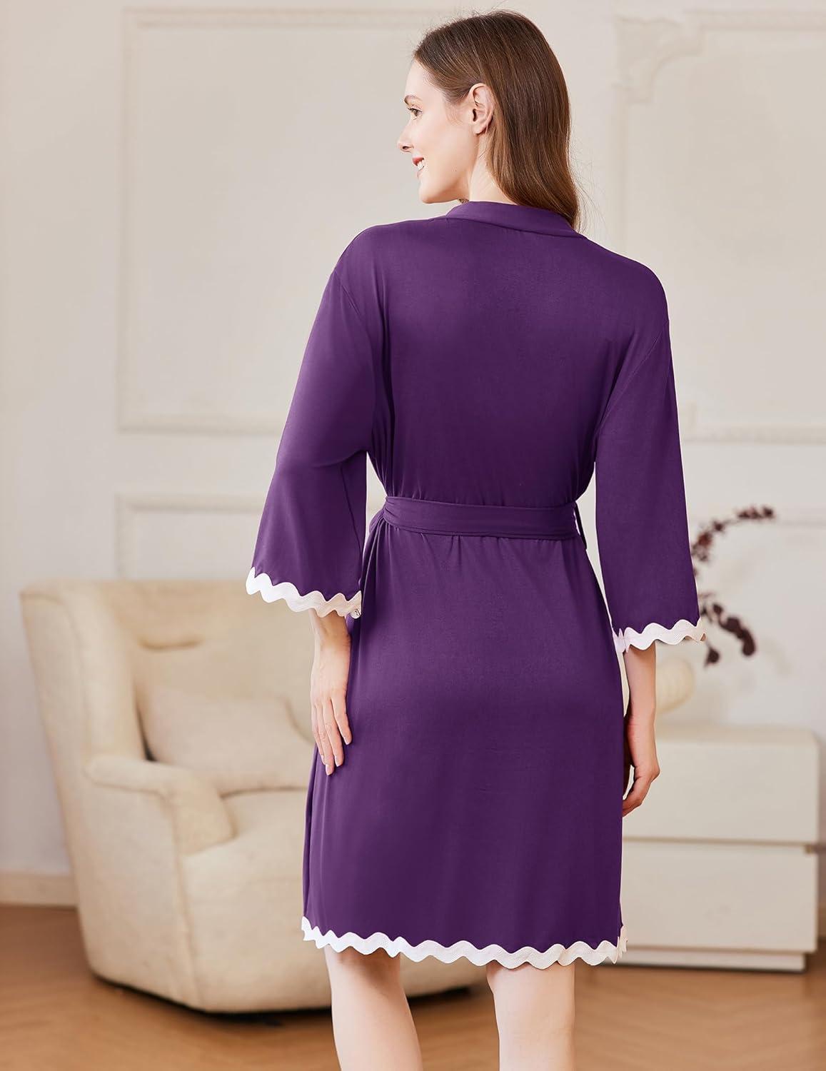 imageEkouaer Women Kimono Robe 34 Sleeves Loungewear Dress Knee Length Sleepwear Pockets Housecoat Short Bathrobe SXXLCpurple