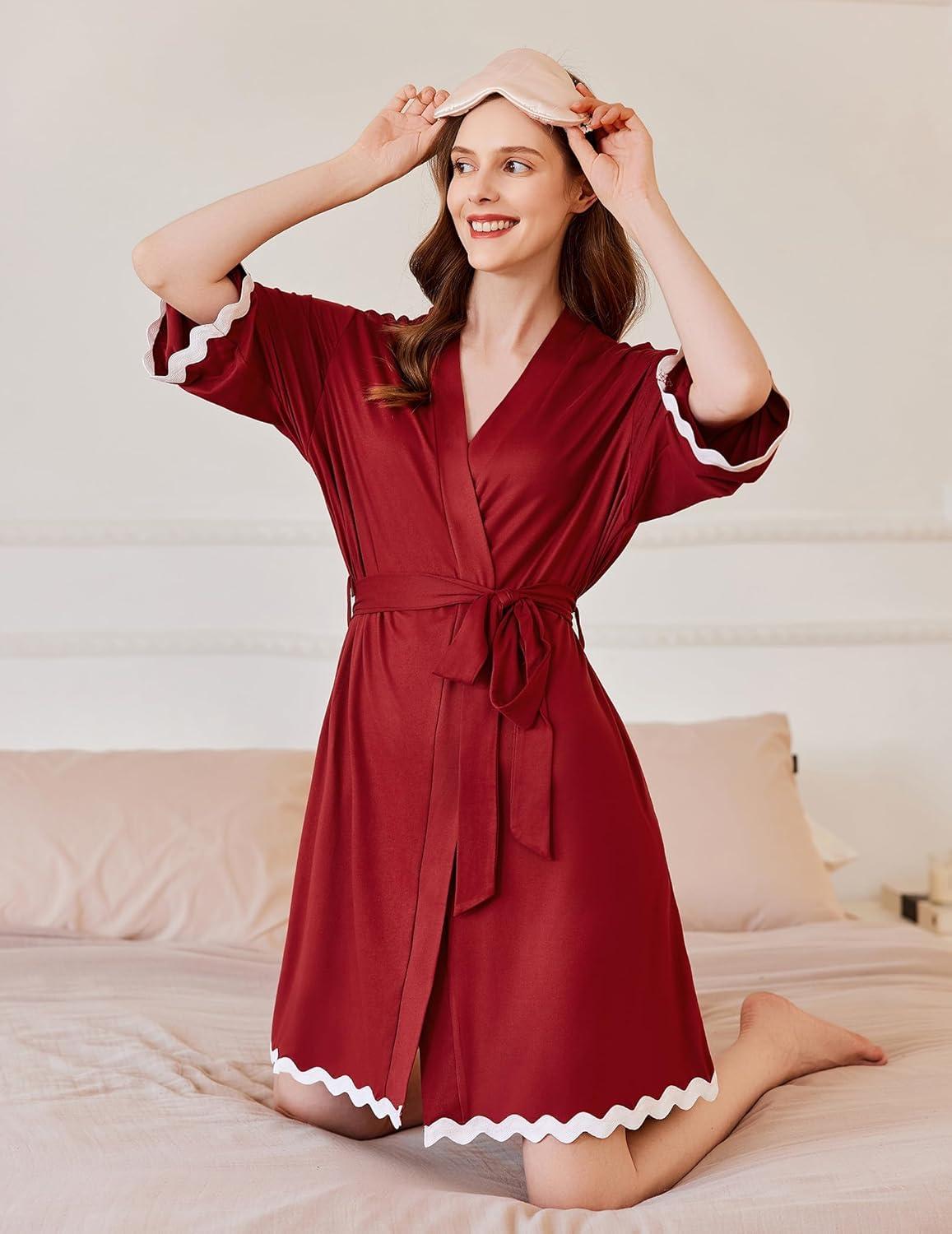 imageEkouaer Women Kimono Robe 34 Sleeves Loungewear Dress Knee Length Sleepwear Pockets Housecoat Short Bathrobe SXXLCwine Red